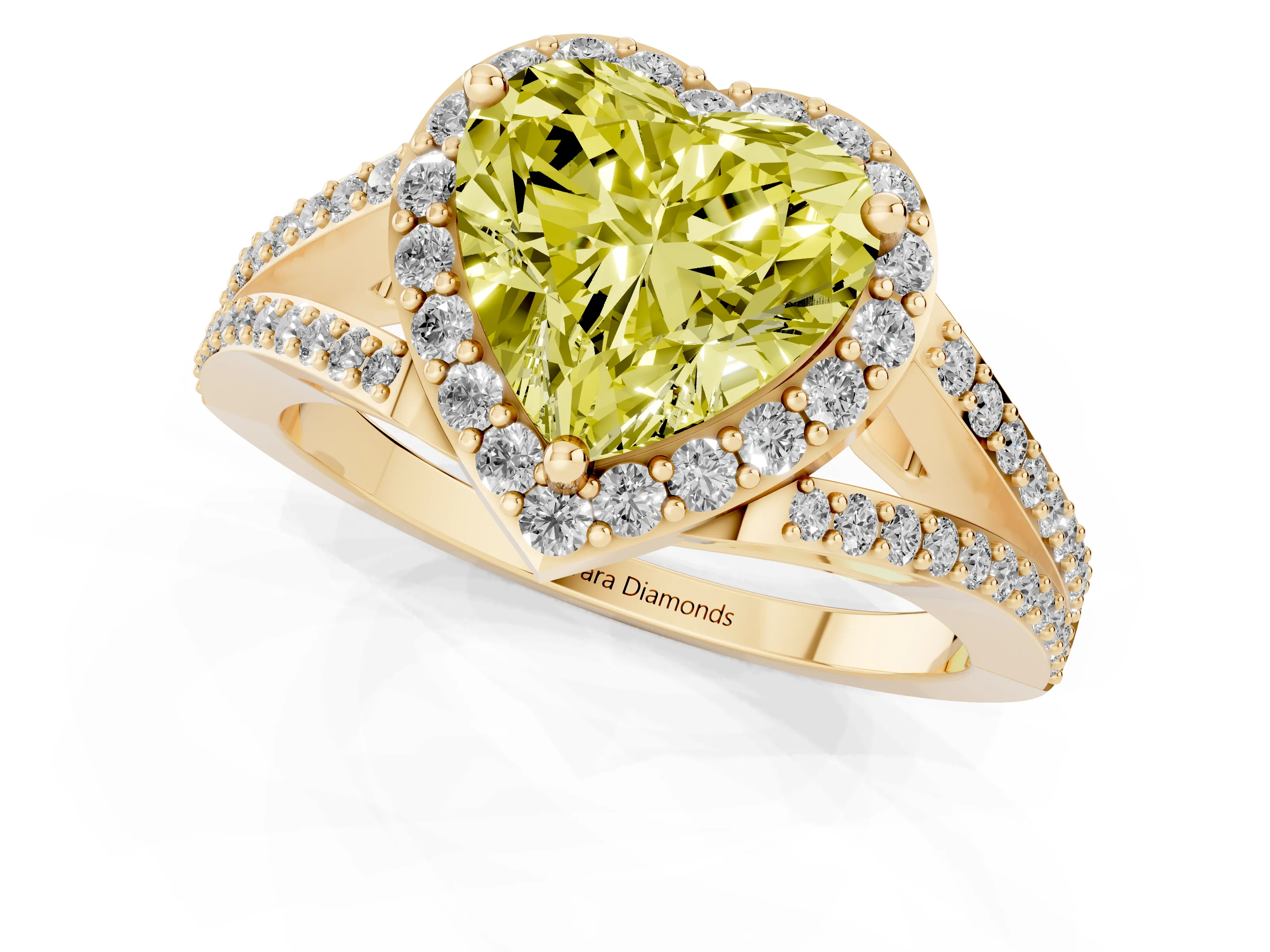 Fancy Yellow Heart Cut Diamond Halo Split Shank Pavé Ring Set in Yellow gold with Prong Setting