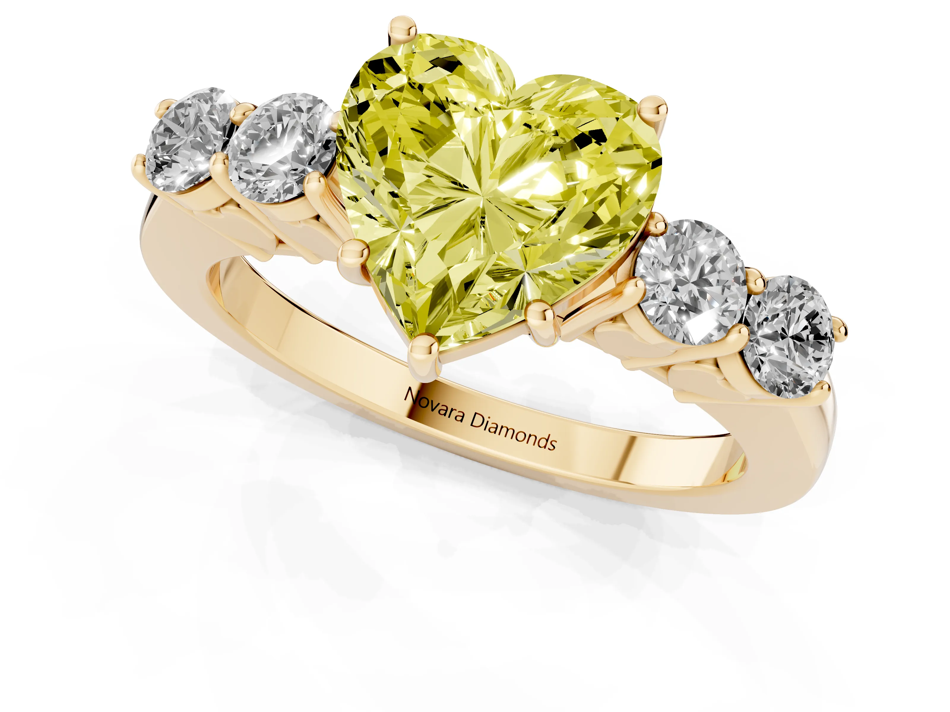 Fancy Yellow Heart Cut Diamond Five-Stone Prong Set Band Ring Set in Yellow gold with Polished Band
