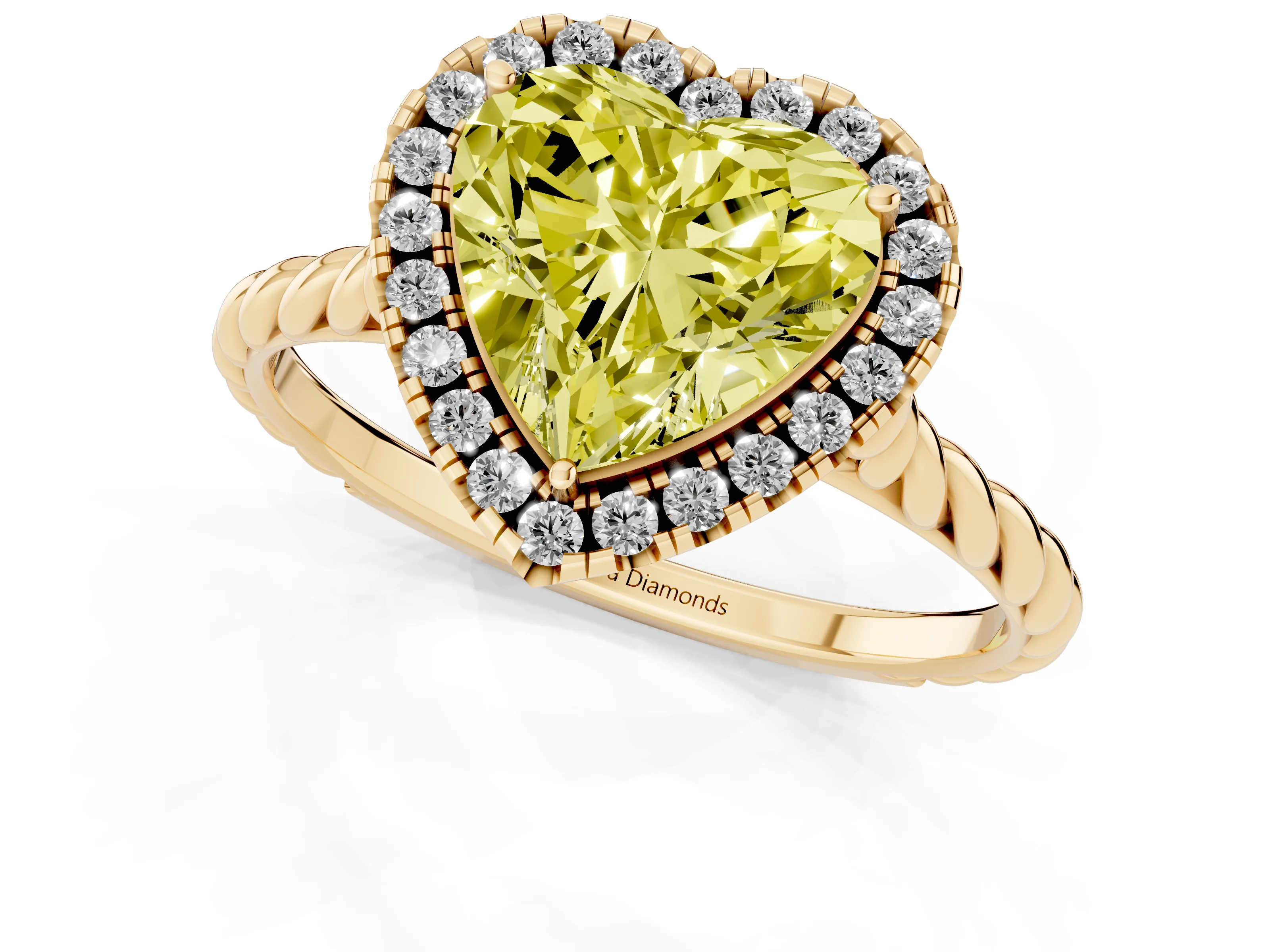 Fancy Yellow Heart Cut Diamond Halo Ring Set in Yellow gold with Plain Twisted Band
