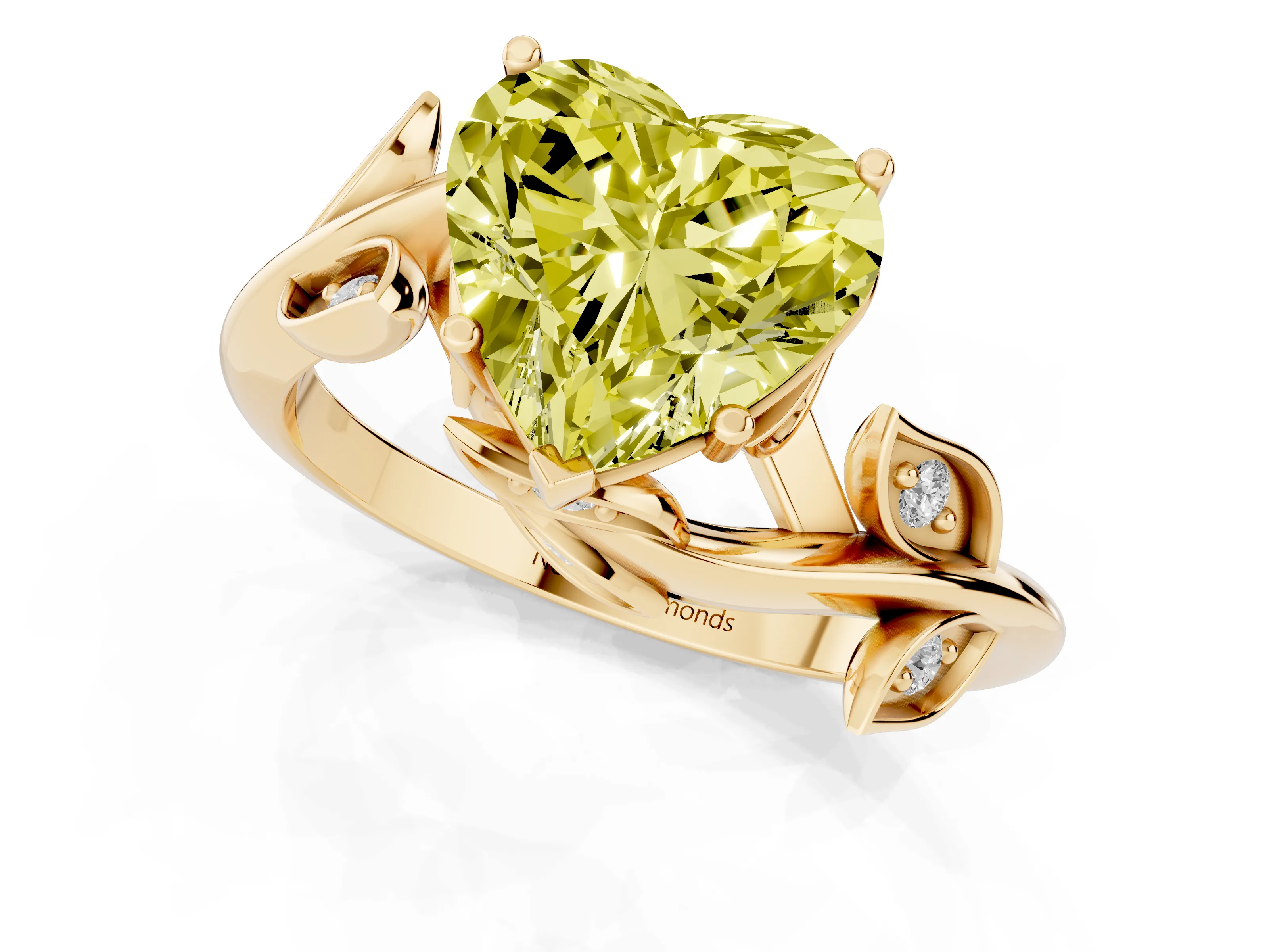 Fancy Yellow Heart Cut Diamond Solitaire Twist Engagement Ring Set in Yellow gold with Pavé Leaf Accents