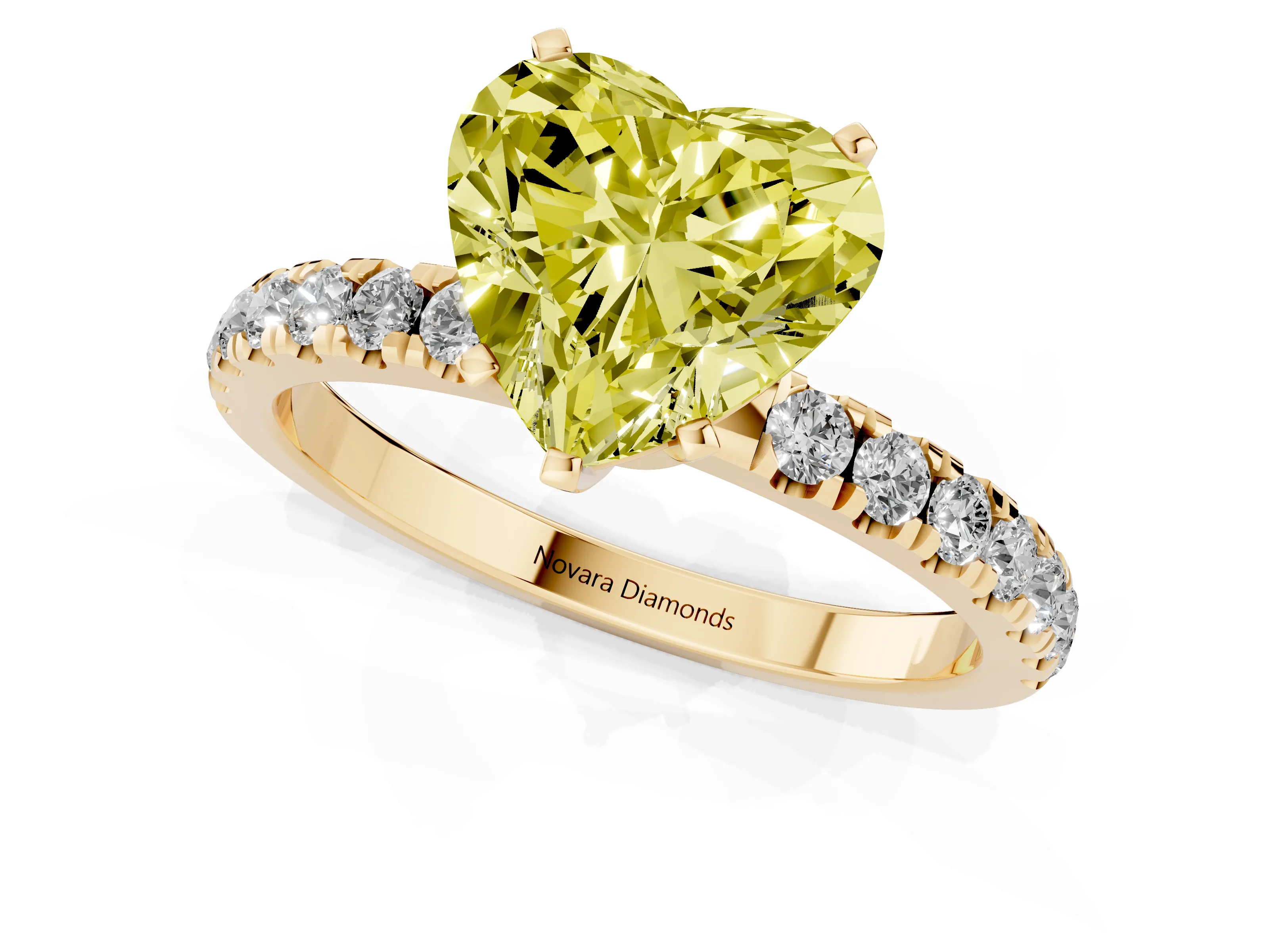 Fancy Yellow Heart Cut Diamond Solitaire Ring Set in Yellow gold with Pavé Accents and Prong Setting