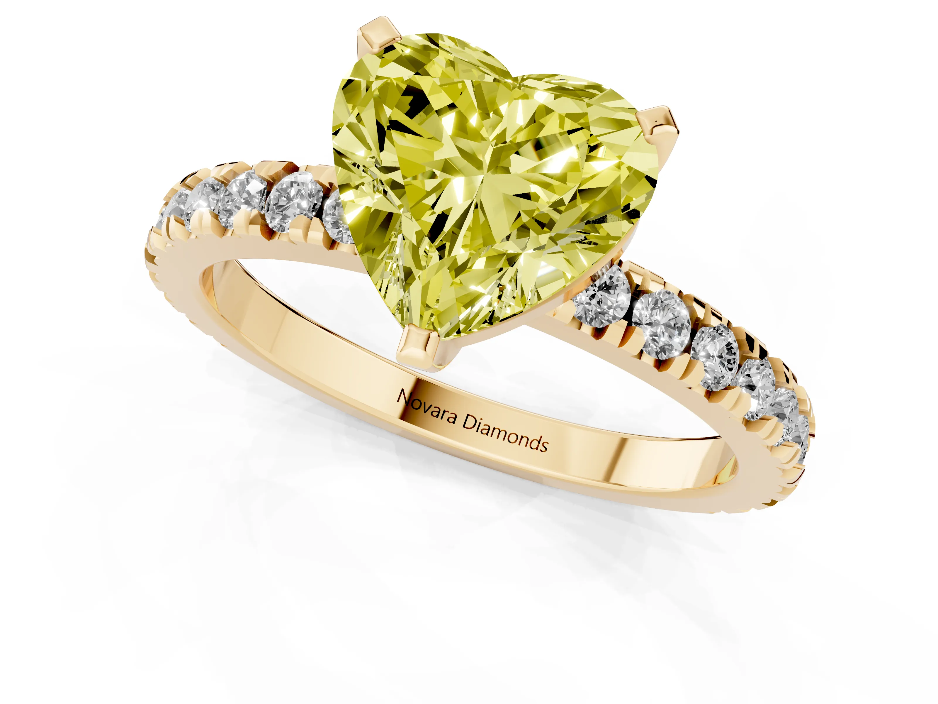 Fancy Yellow Heart Cut Diamond Pavé Band Solitaire Set in Yellow gold with Prong Setting