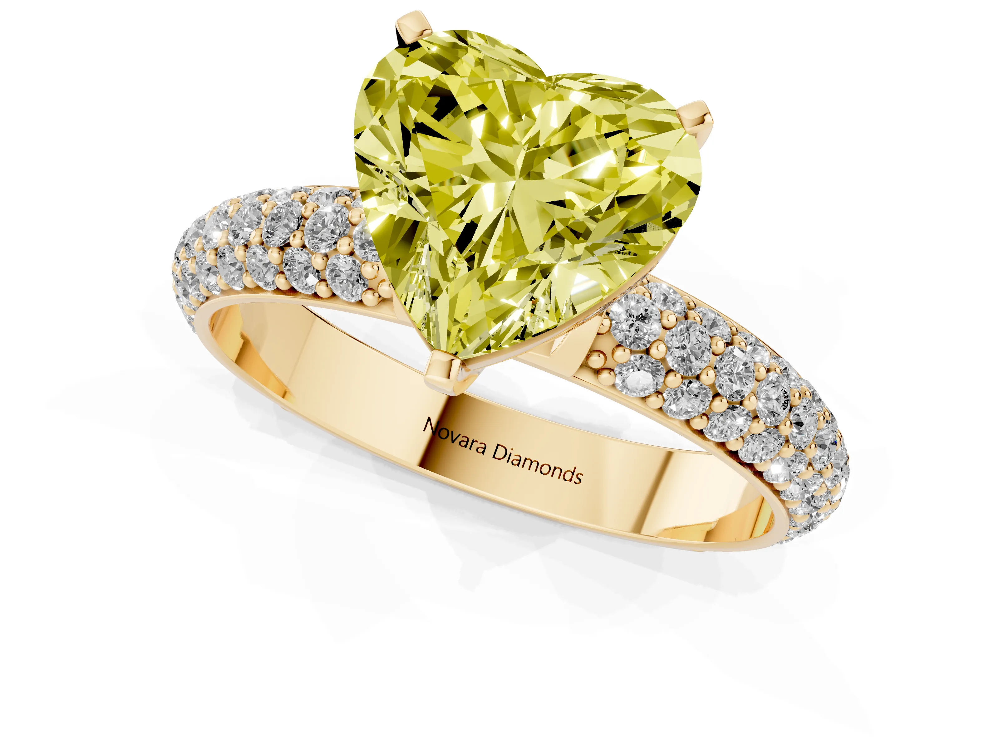 Fancy Yellow Heart Cut Diamond Solitaire Ring Set in Yellow gold with Prong Setting and Pavé-Set Band