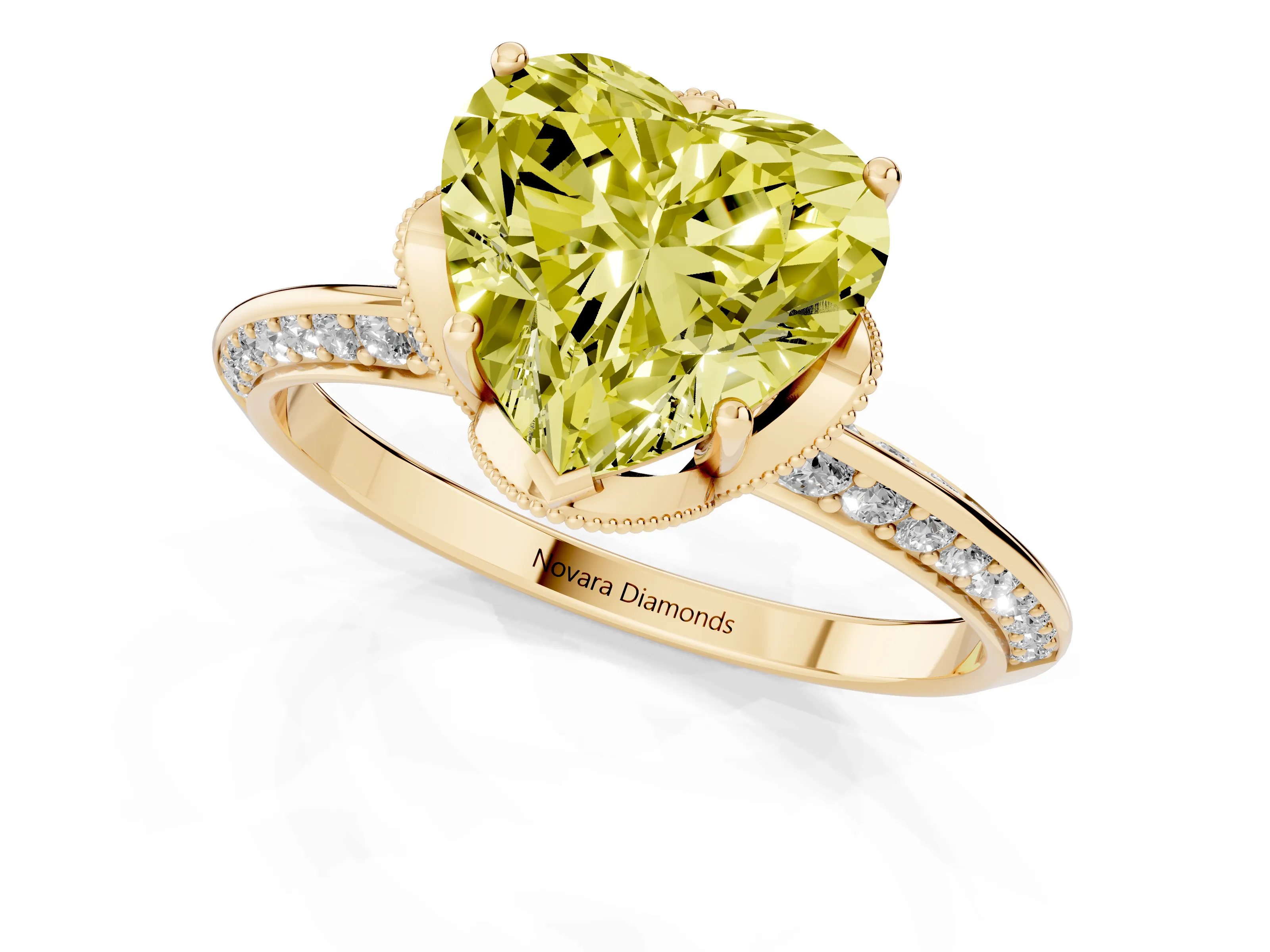 Fancy Yellow Heart Cut Diamond Solitaire Engagement Ring Set in Yellow gold with Pavé Split Shank and Prong Setting