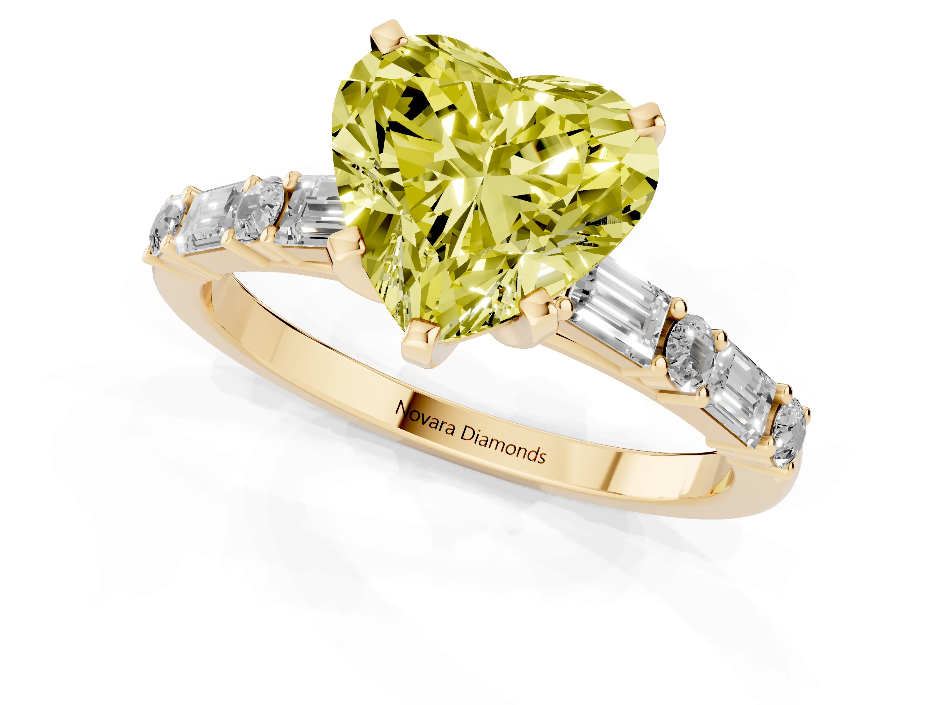 Fancy Yellow Heart Cut Diamond Solitaire Set in Yellow gold with Side Baguettes and Channel Set Band
