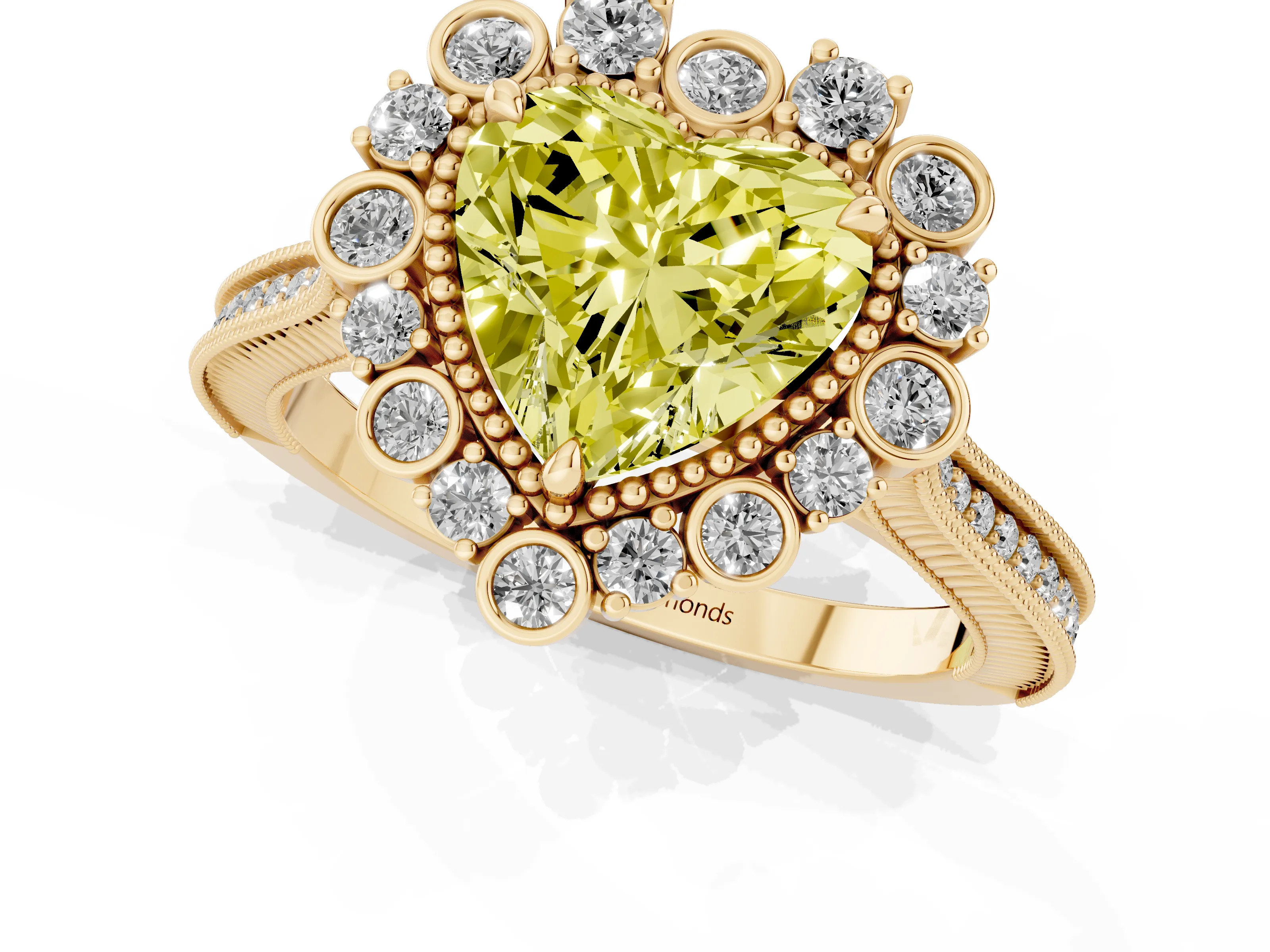 Fancy Yellow Heart Cut Diamond Halo Milgrain Pavé Ring Set in Yellow gold with Prong Setting