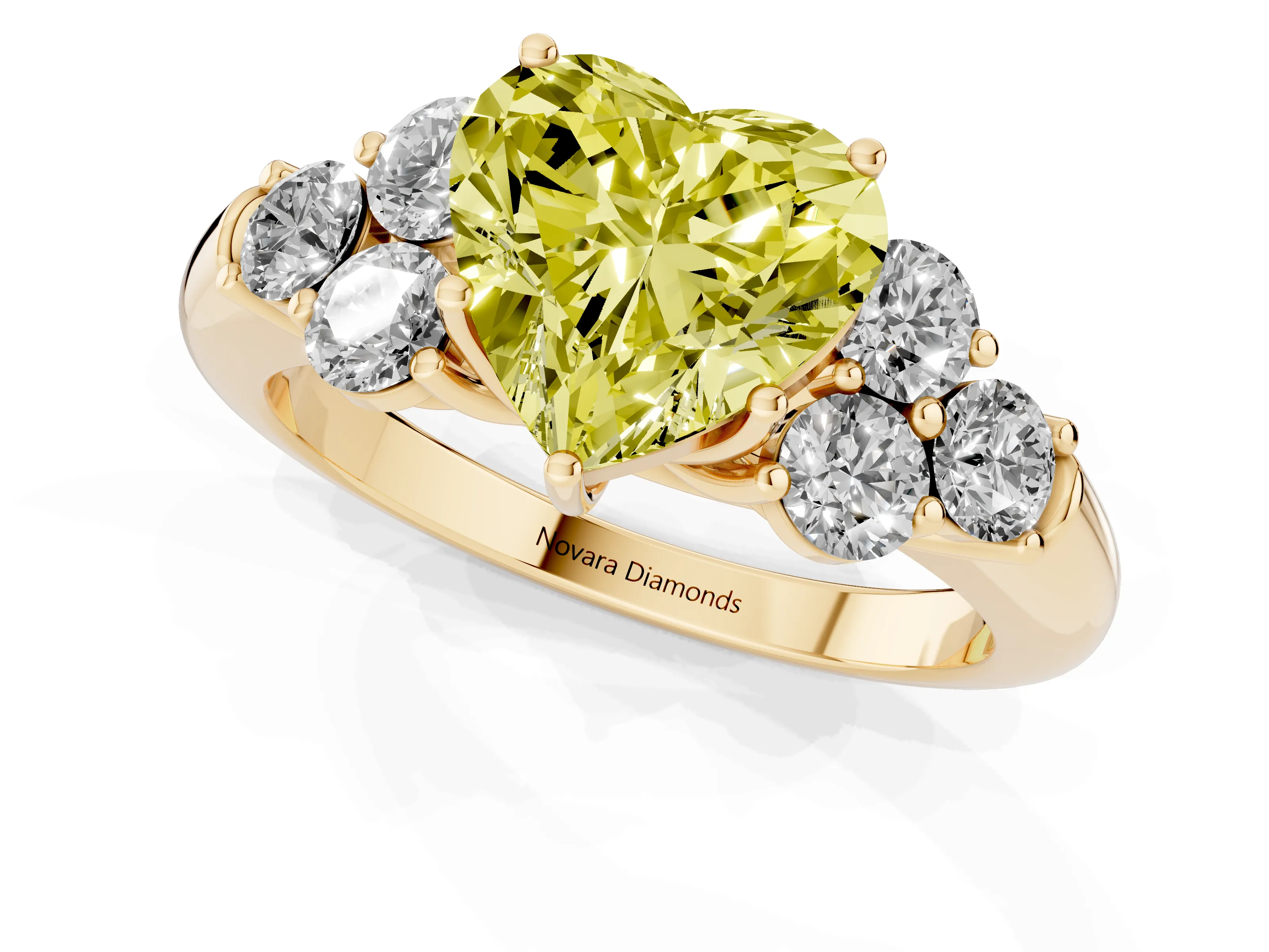 Fancy Yellow Heart Cut Diamond Cluster Ring Set in Yellow gold with Round Accent Stones and Prong Setting on a Plain Band