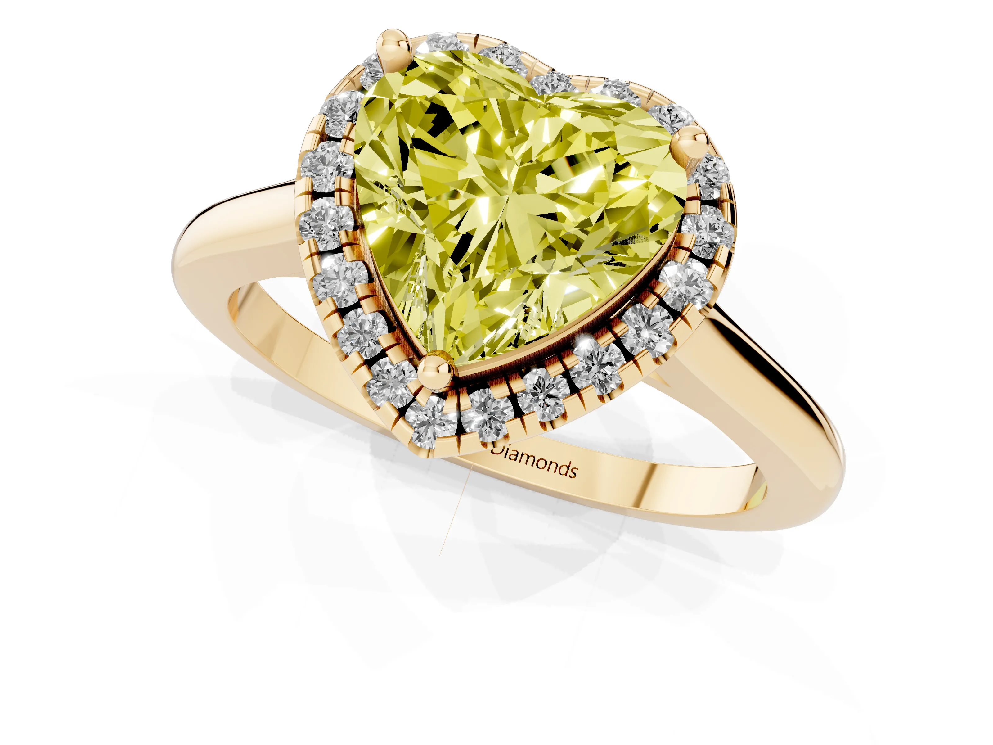 Fancy Yellow Heart Cut Diamond Halo Engagement Ring Set in Yellow gold with Pavé Band and Rising Shoulders