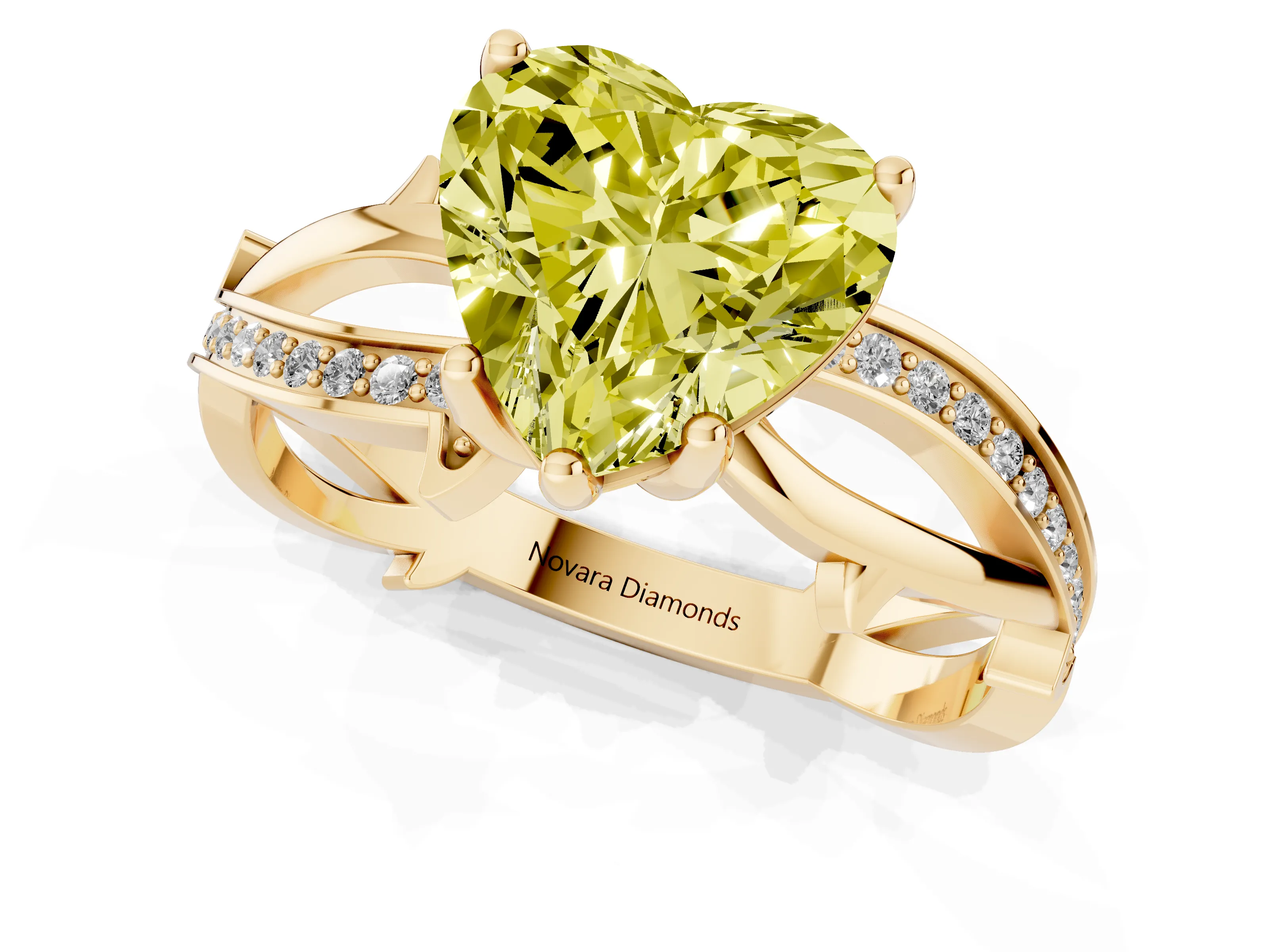 Fancy Yellow Heart Cut Diamond Pavé Twist Band Solitaire Ring Set in Yellow gold with Prong Setting