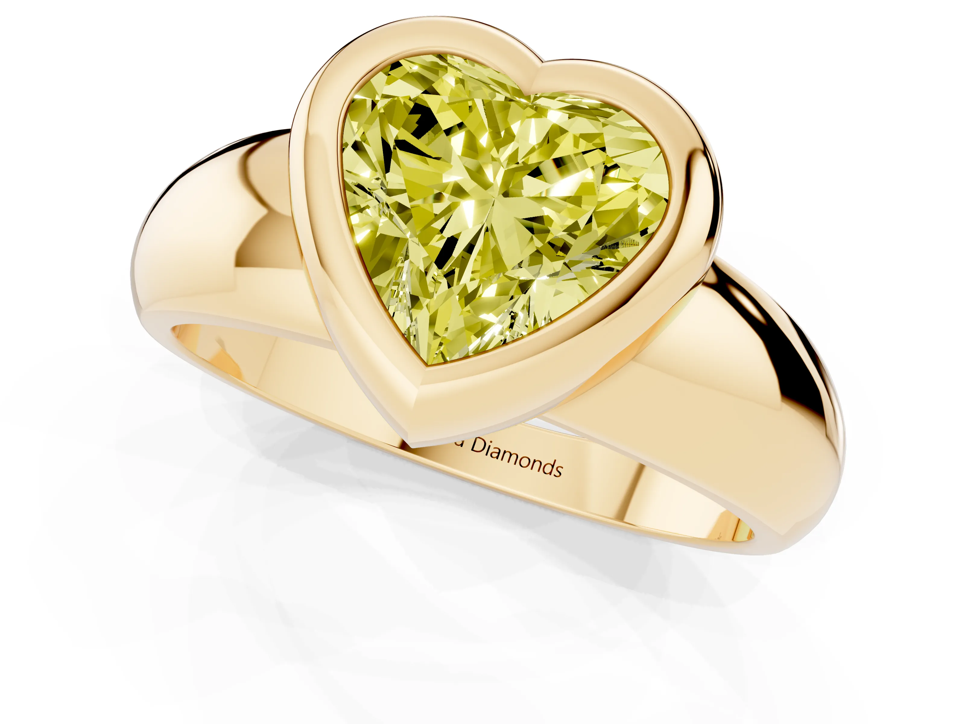 Fancy Yellow Bezel Set Heart Cut Diamond Solitaire Ring Set in Yellow gold with Wide Band