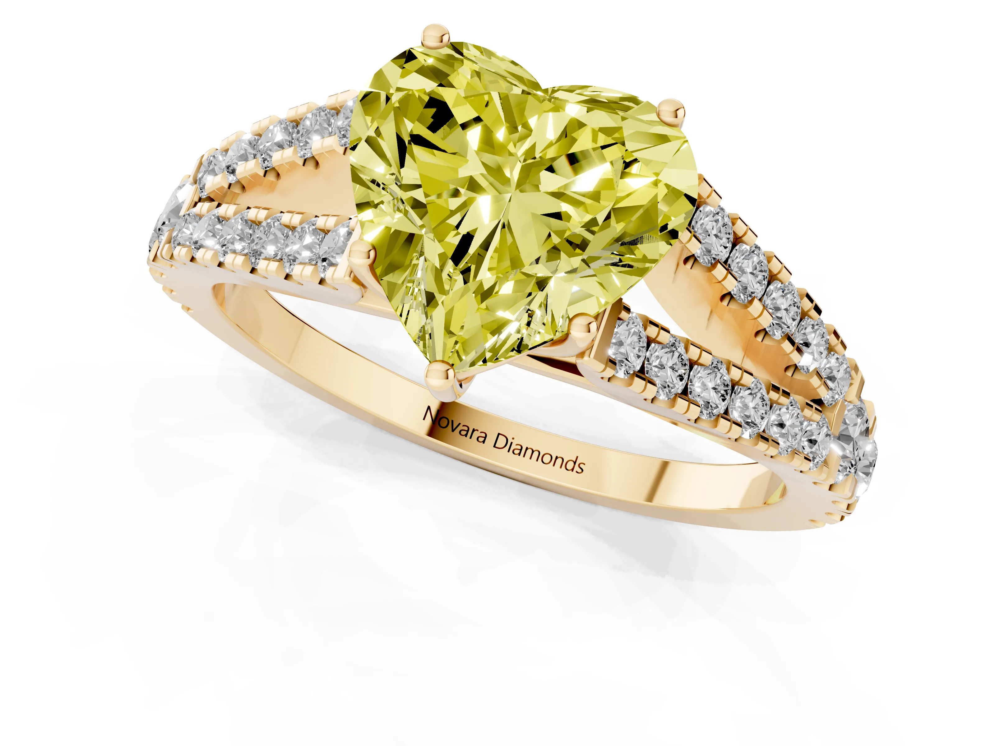 Fancy Yellow Heart Cut Diamond Split Shank Pavé Engagement Ring Set in Yellow gold with Prong-Held Center Stone