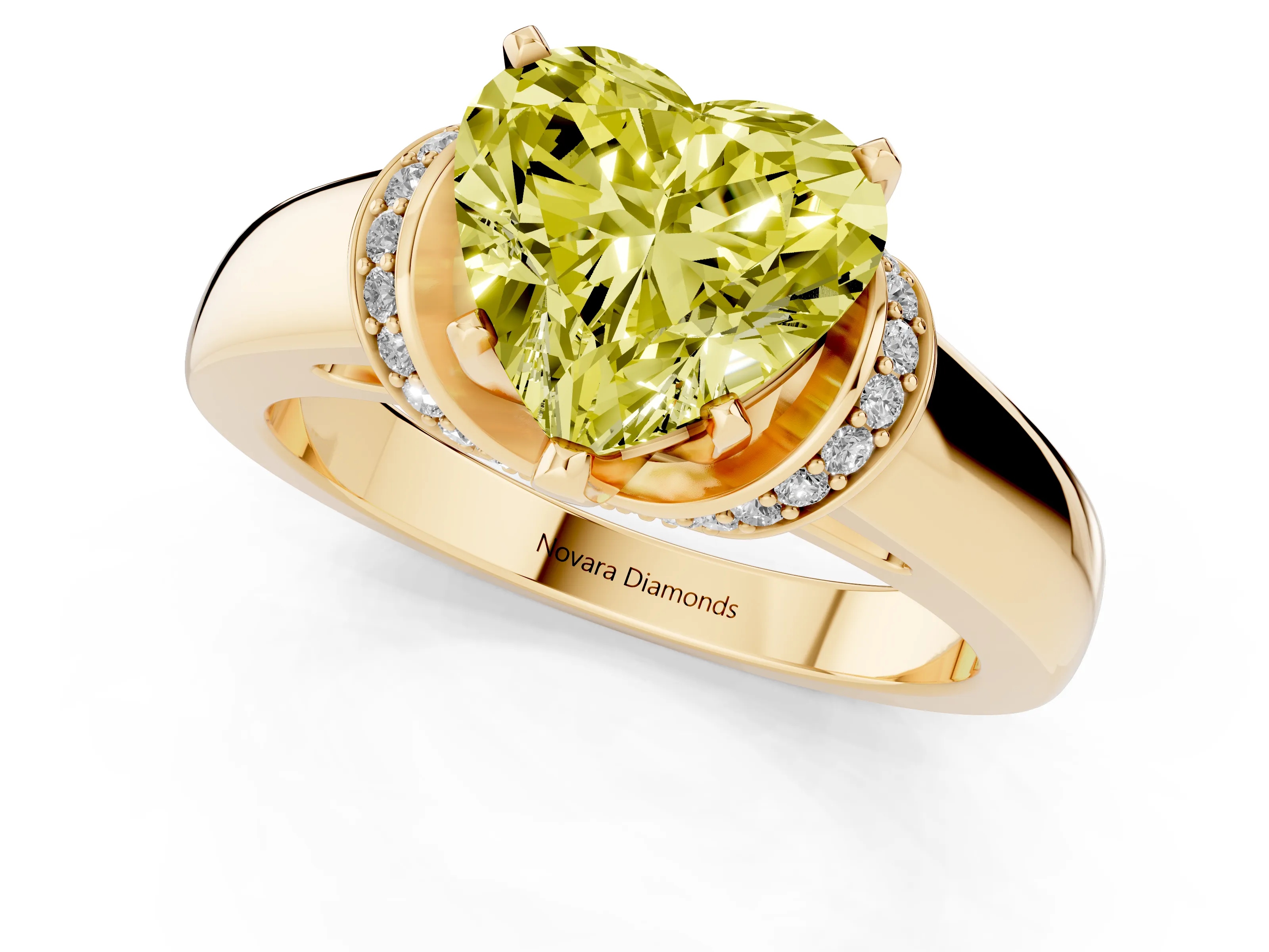 Fancy Yellow Heart Cut Diamond Pavé Band Solitaire Ring Set in Yellow gold with Prong Setting