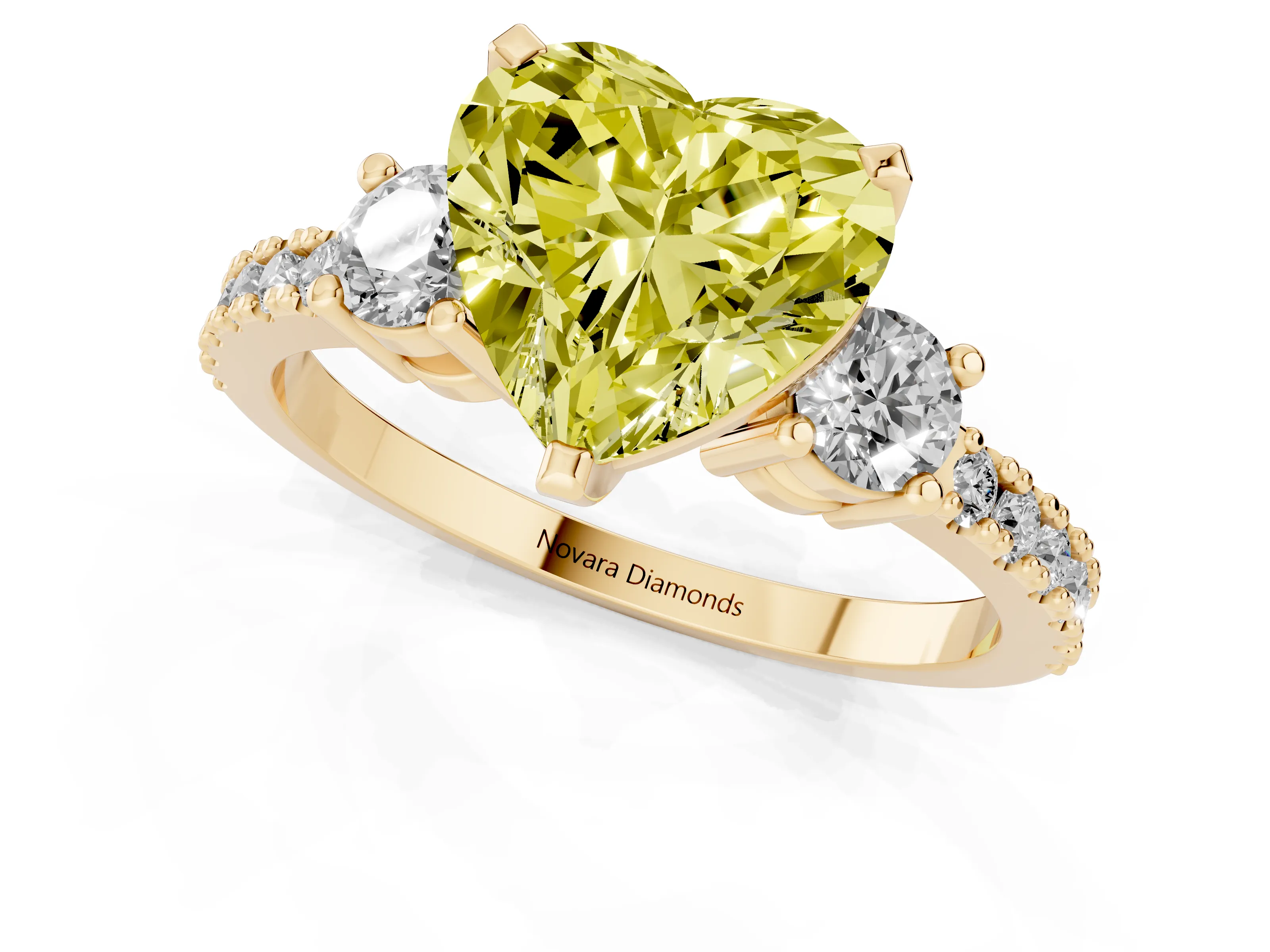 Fancy Yellow Three-Stone Heart Cut Diamond Pavé Band Ring Set in Yellow gold with Prong Setting