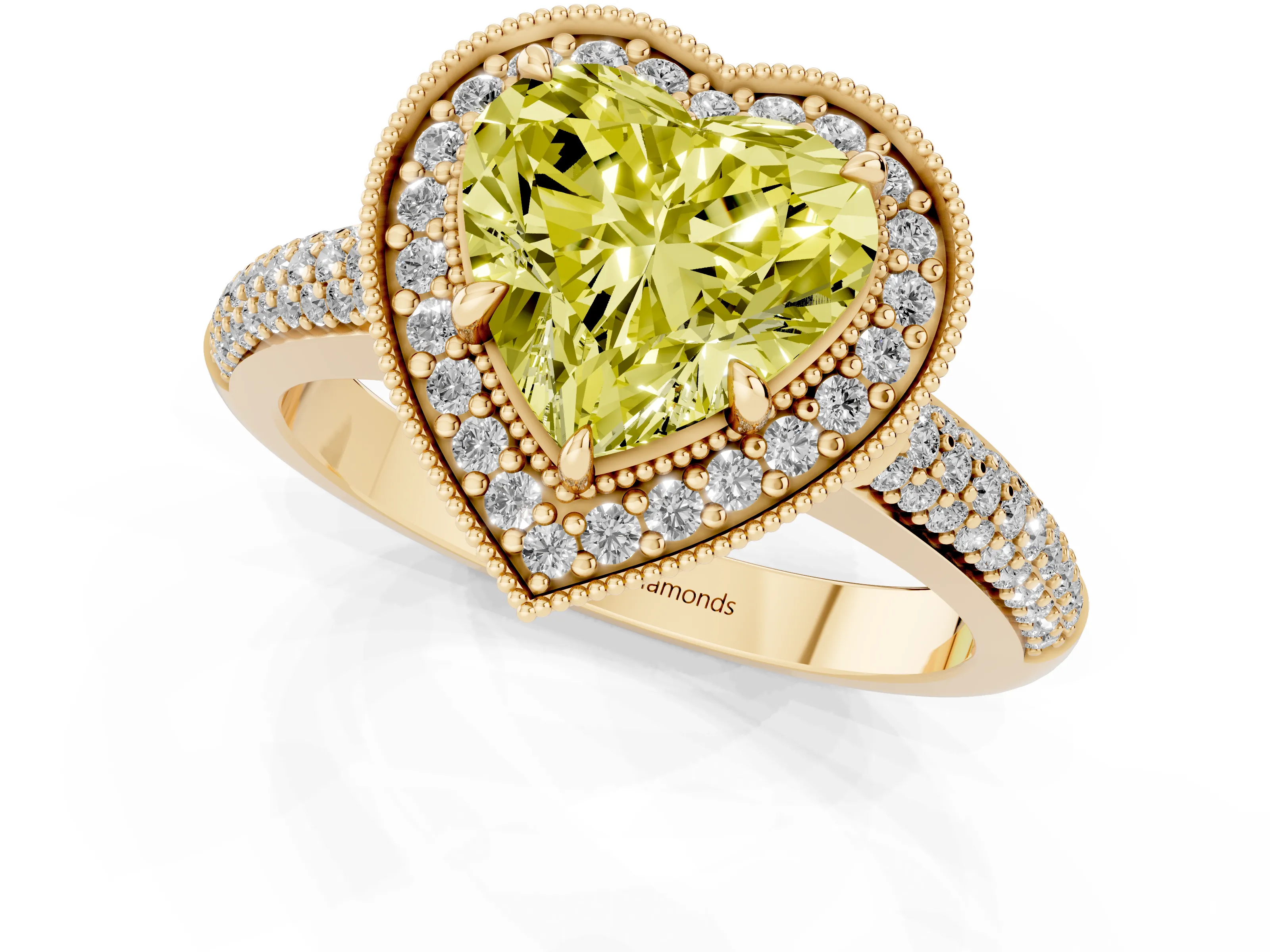 Fancy Yellow Heart Cut Diamond Halo Pavé Band Set in Yellow gold with Prong Setting