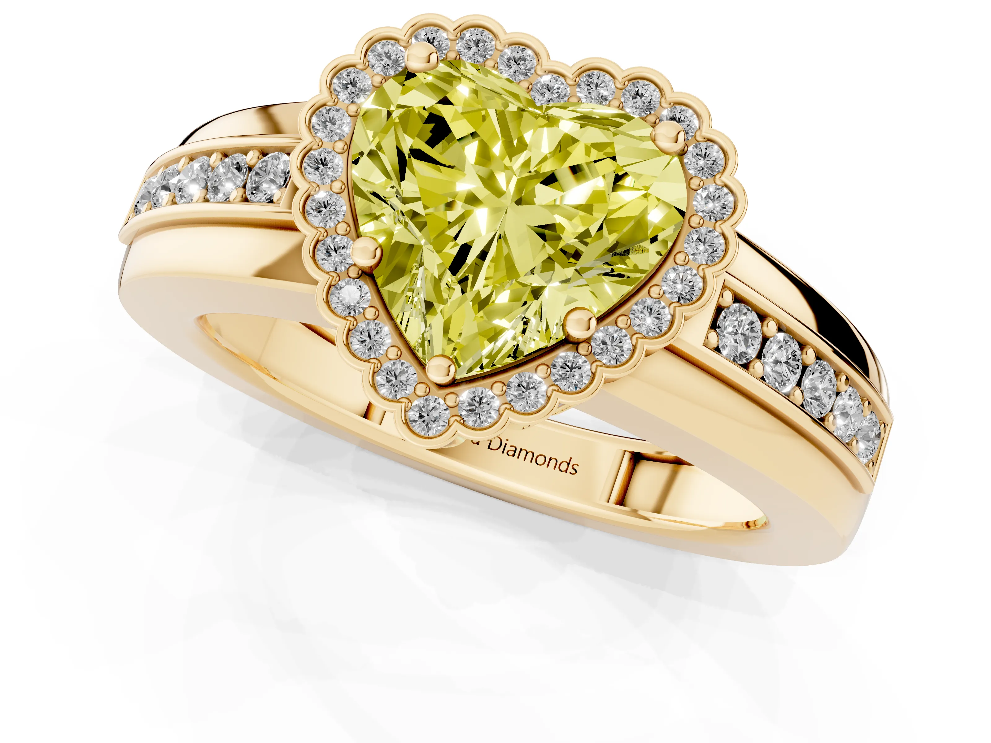 Fancy Yellow Heart Cut Diamond Halo Prong Ring Set in Yellow gold with Pavé Band