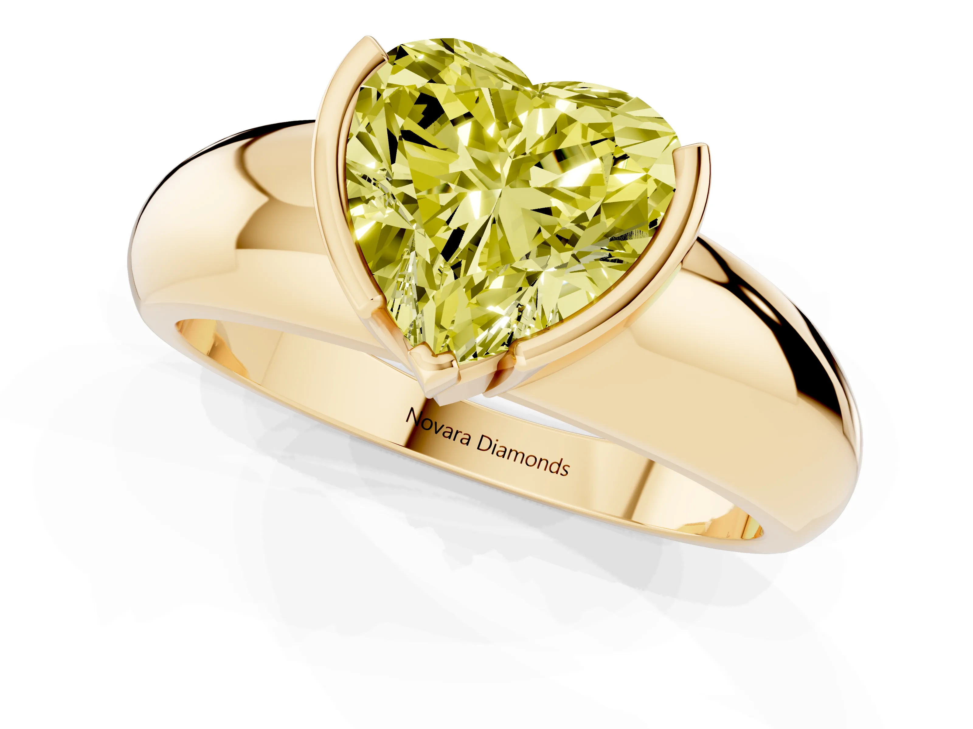 Fancy Yellow Heart Cut Diamond Solitaire Tension Set Ring Set in Yellow gold with Wide Band