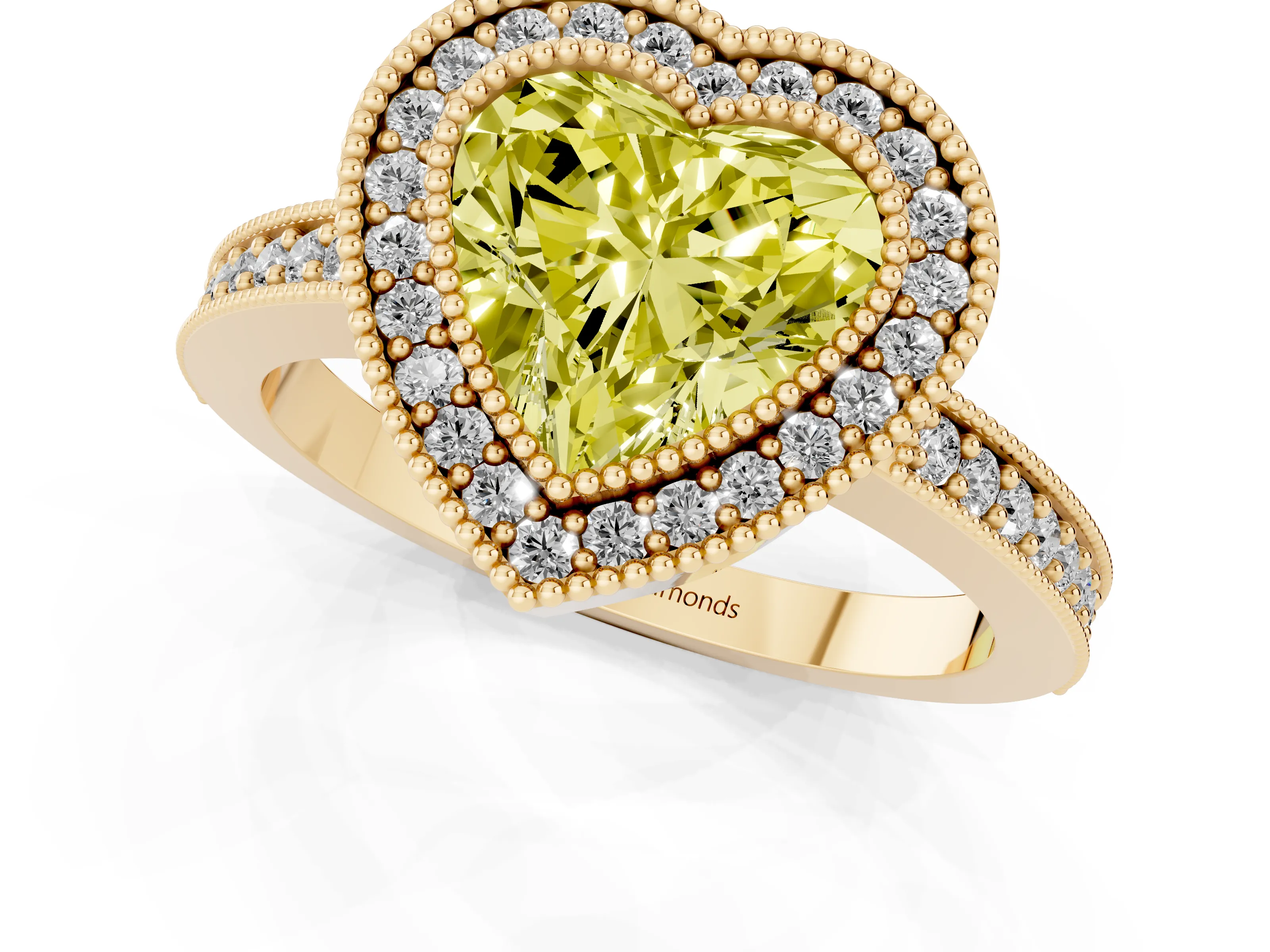 Fancy Yellow Heart Cut Diamond Halo Engagement Ring Set in Yellow gold with Pavé Band and Round Halo Stones