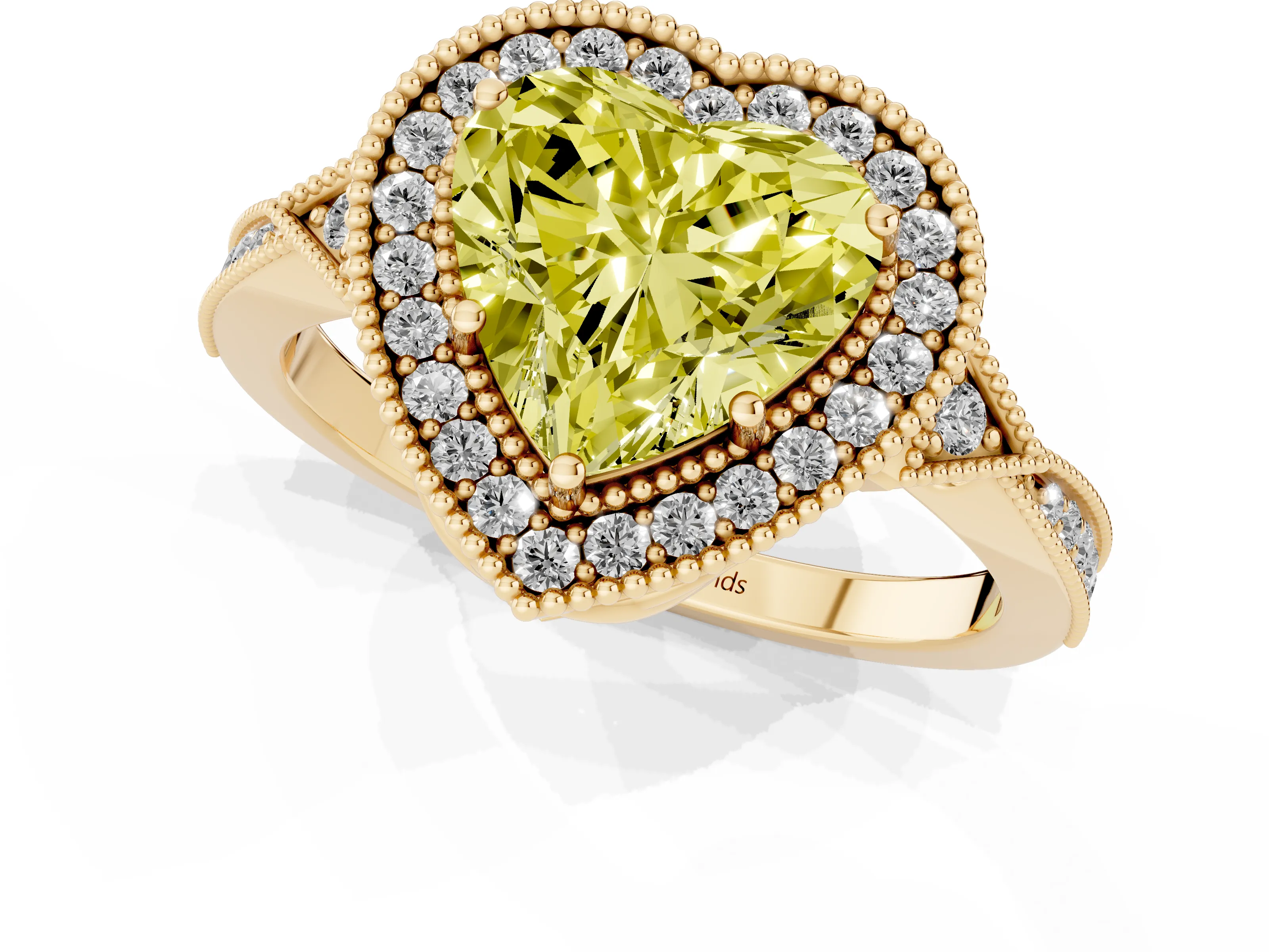 Fancy Yellow Heart Cut Diamond Halo Engagement Ring Set in Yellow gold with Milgrain Pavé Band