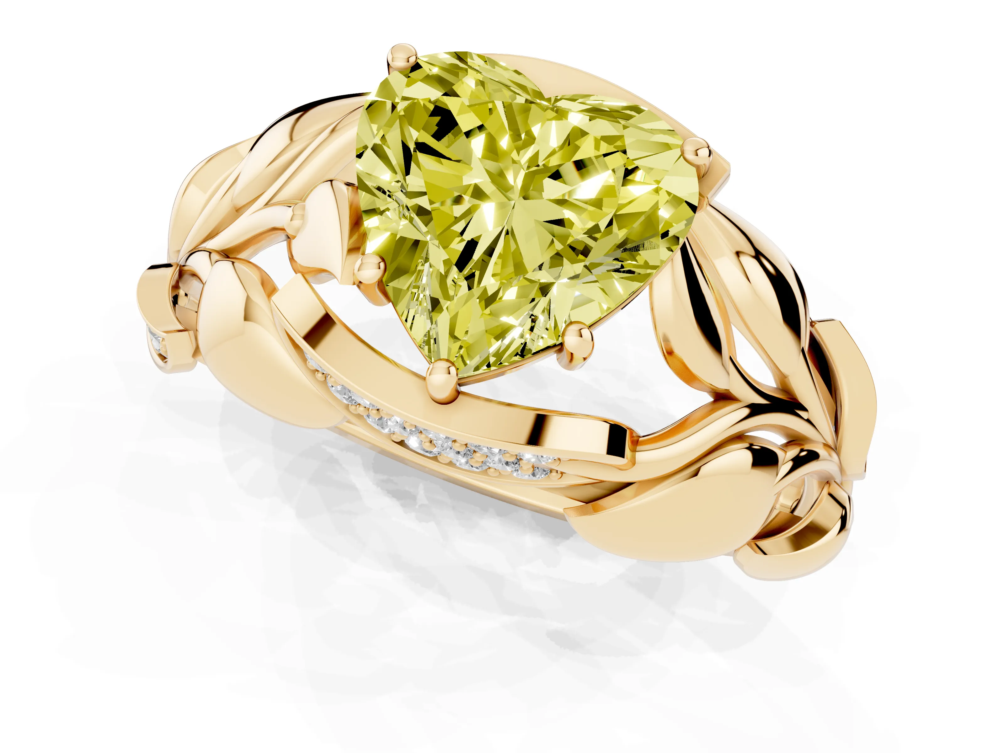 Fancy Yellow Heart Cut Diamond Leaf-Inspired Engagement Ring Set in Yellow gold with Round Accents