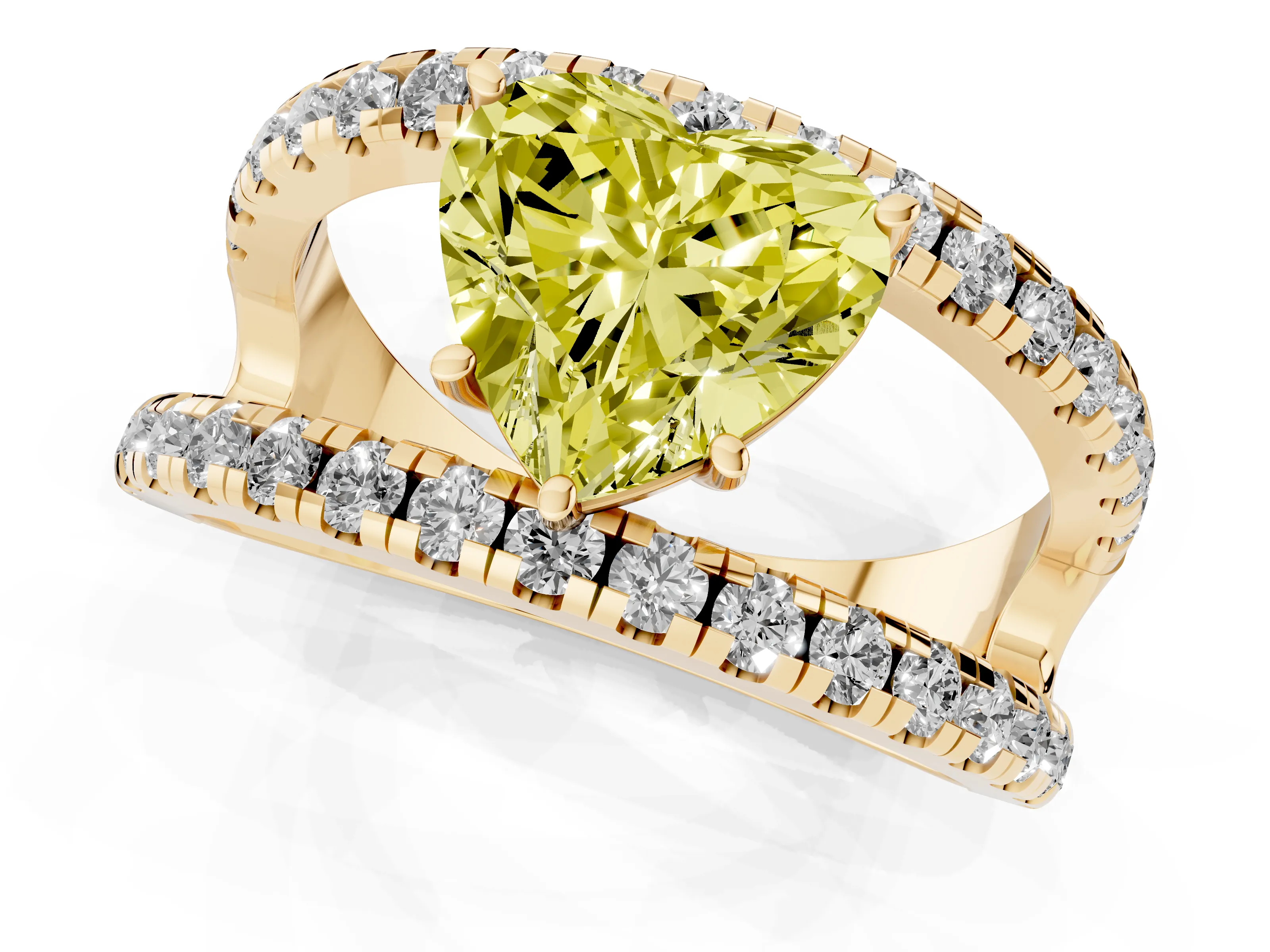 Fancy Yellow Heart Cut Diamond Split Shank Pavé Solitaire Ring Set in Yellow gold with Open Shank Design