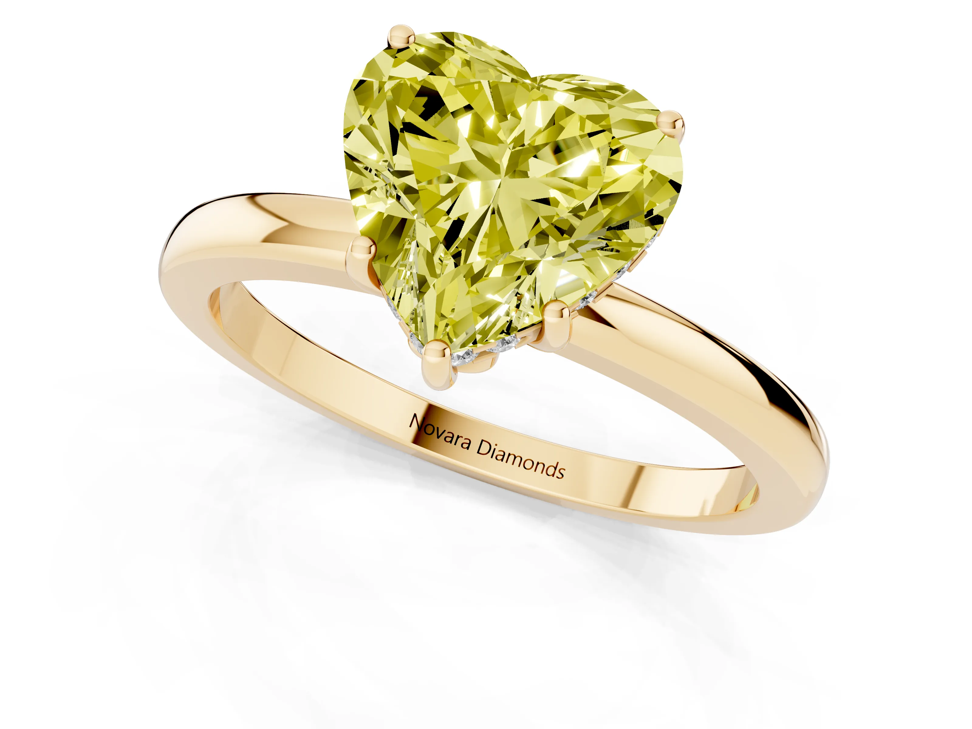 Fancy Yellow Heart Cut Diamond Solitaire Ring Set in Yellow gold with Plain Band and Prong Setting