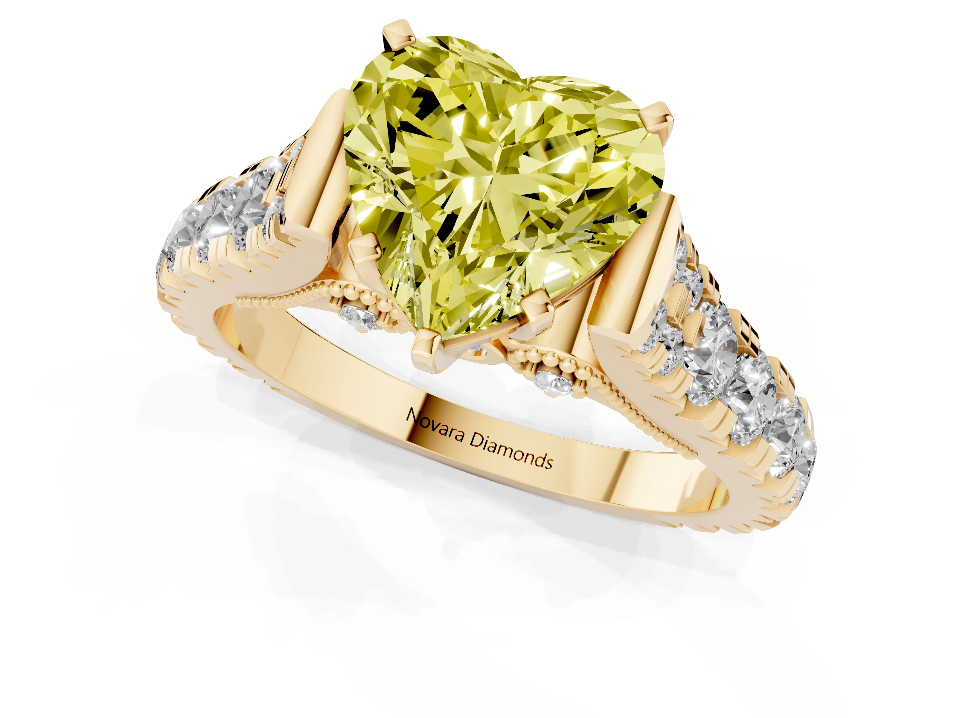 Fancy Yellow Heart Cut Diamond Classic Solitaire Ring Set in Yellow gold with Pavé Band and Prong Setting