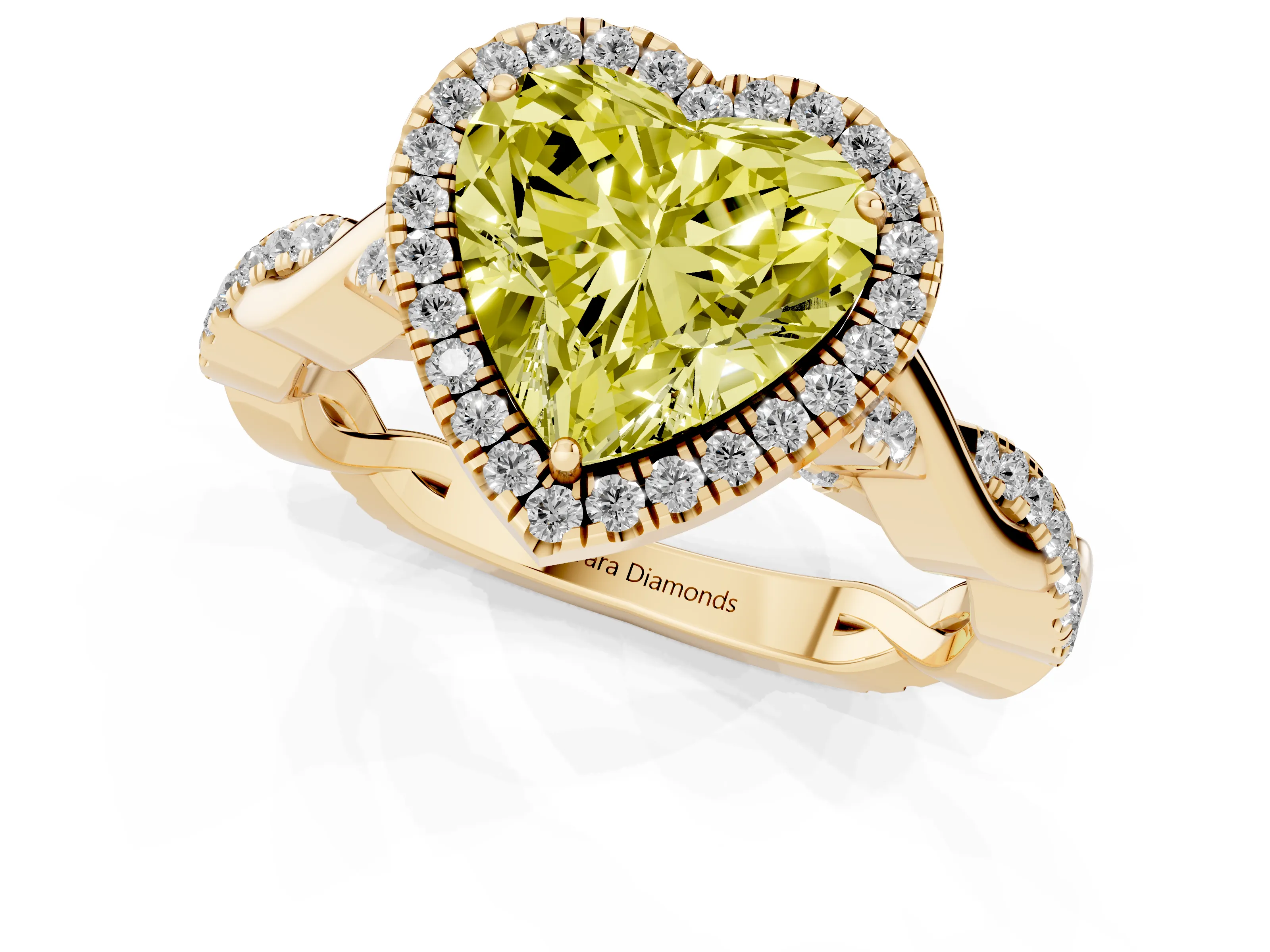 Fancy Yellow Heart Cut Diamond Halo Twist Band Solitaire Ring Set in Yellow gold with Prong Setting