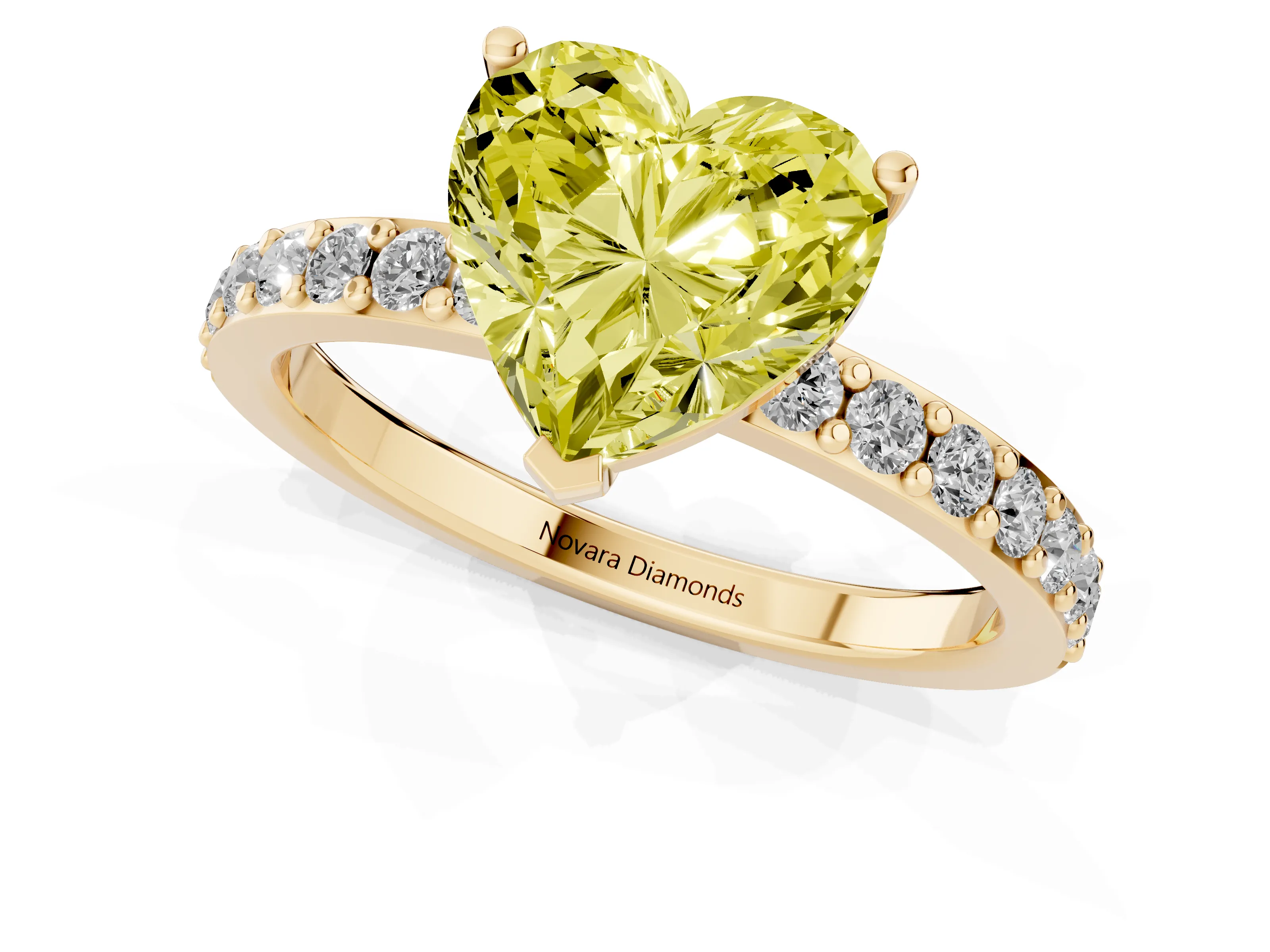 Fancy Yellow Heart Cut Diamond Solitaire Set in Yellow gold with Round Pavé Band and Prong Setting