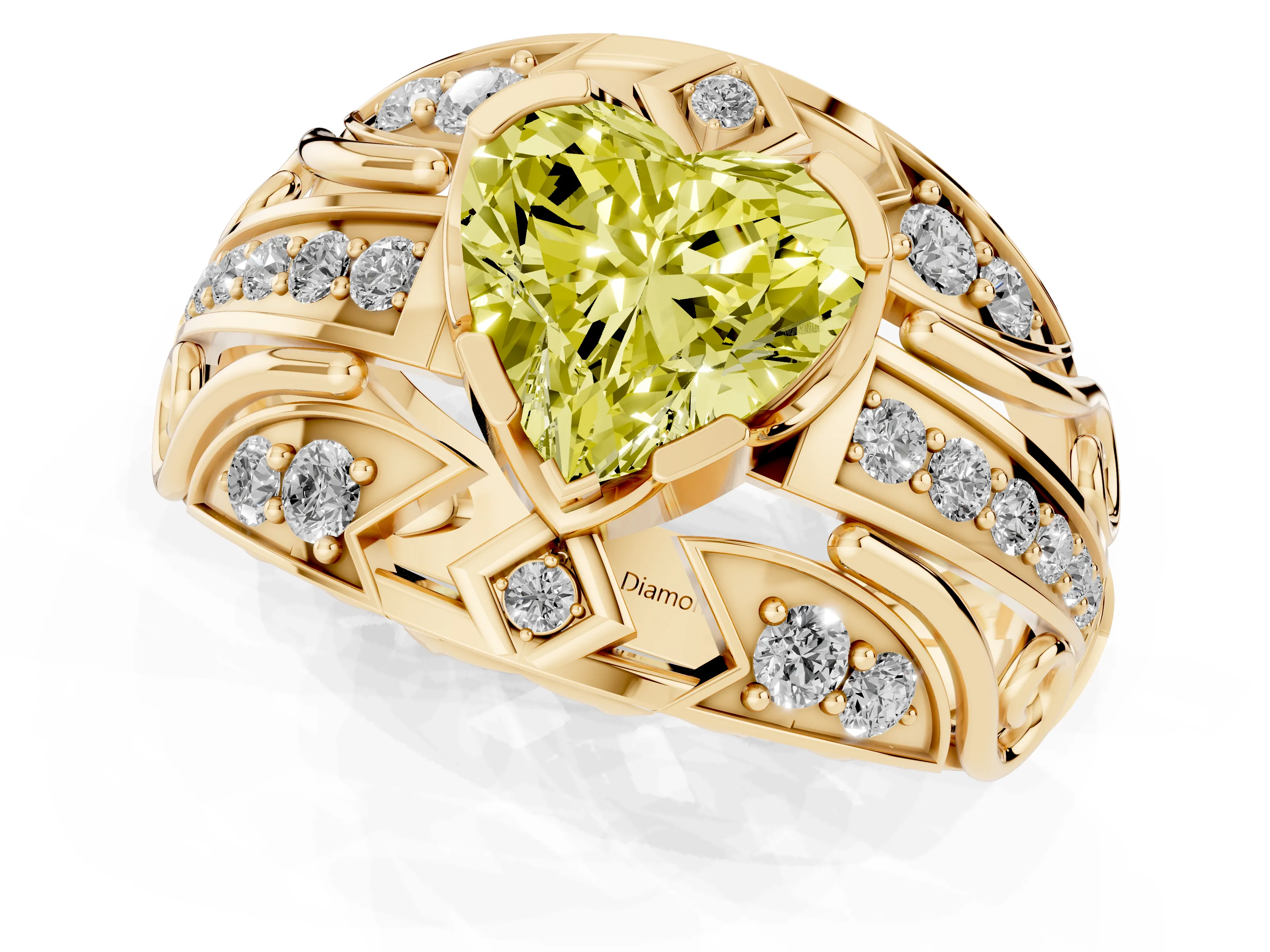 Fancy Yellow Heart Cut Diamond Art Deco Ring Set in Yellow gold with Pavé Split Shank