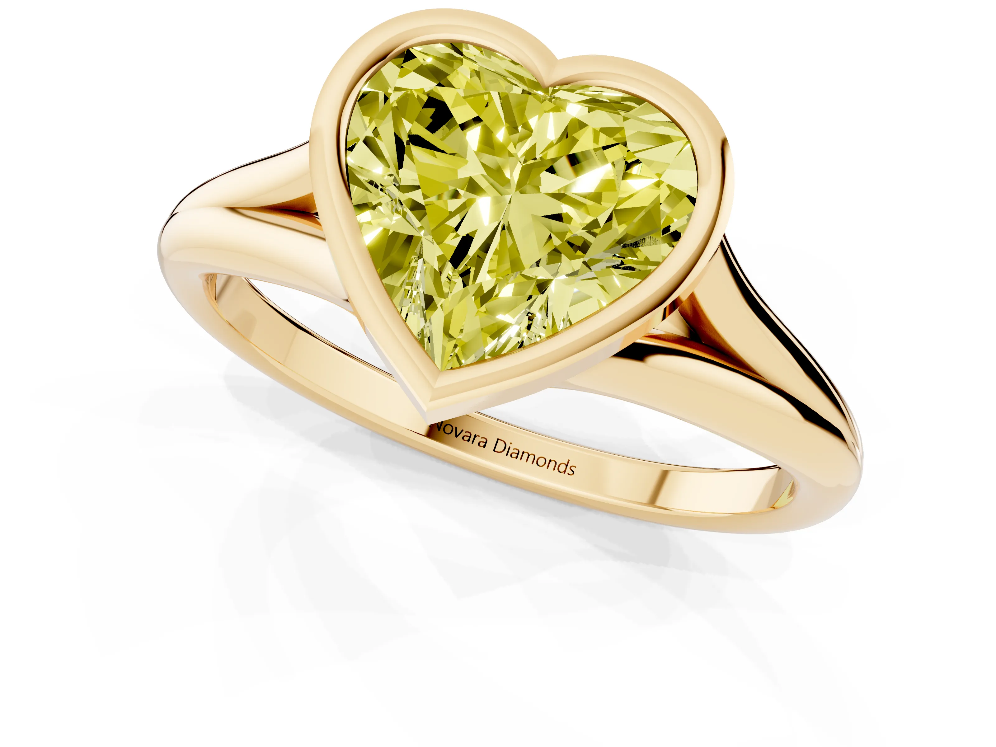 Fancy Yellow Bezel Set Heart Cut Diamond Solitaire Ring Set in Yellow gold with Tapered Band