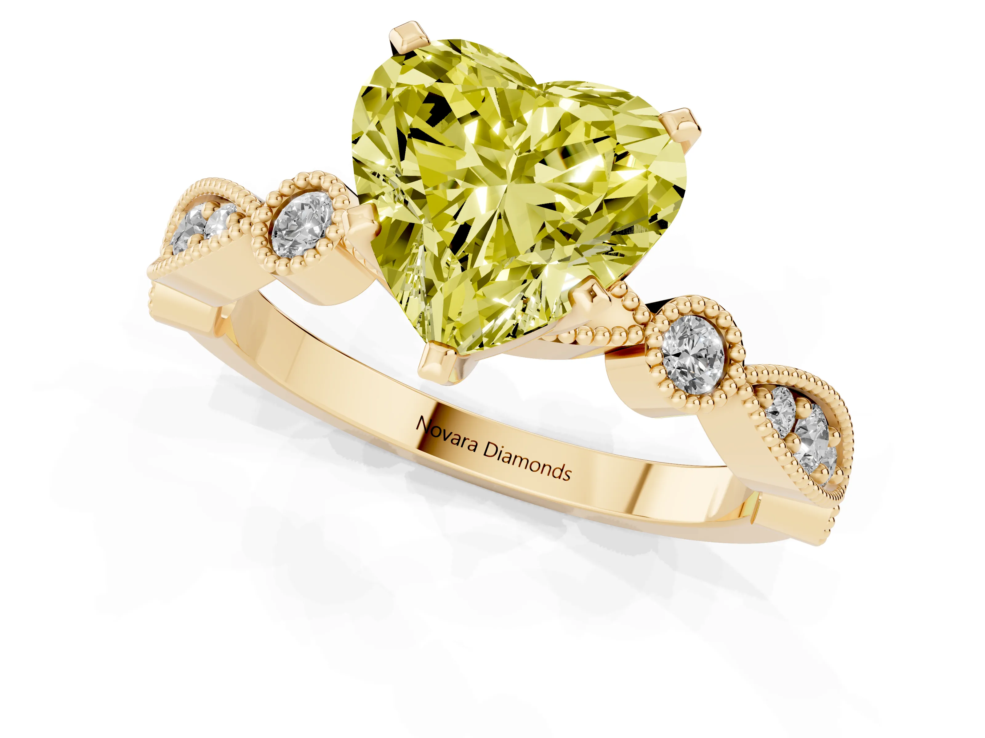 Fancy Yellow Heart Cut Diamond Solitaire Engagement Ring Set in Yellow gold with Milgrain Bezel Accent Band
