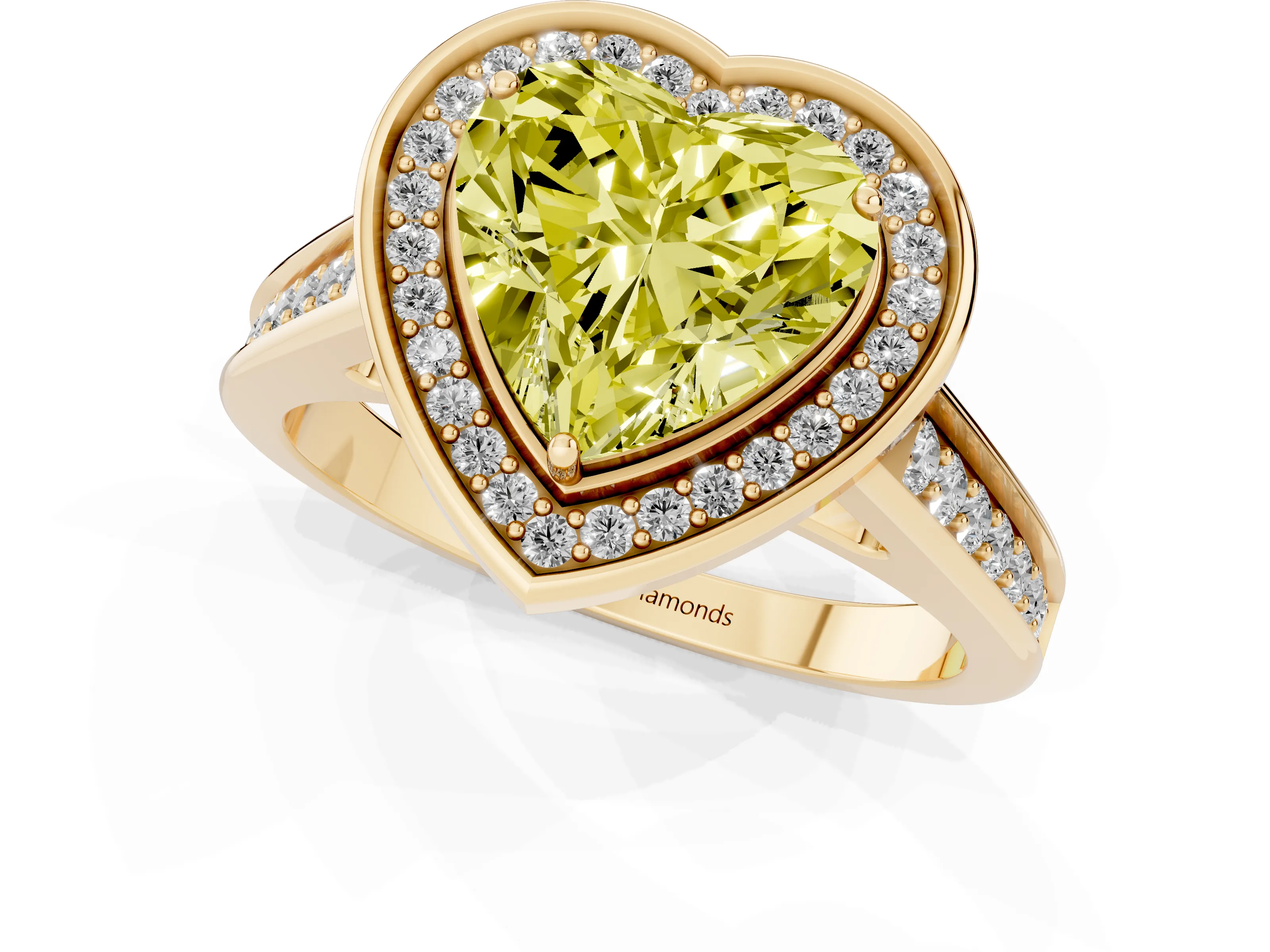 Fancy Yellow Heart Cut Diamond Halo Solitaire Ring Set in Yellow gold with Pavé Band and Bezel Setting