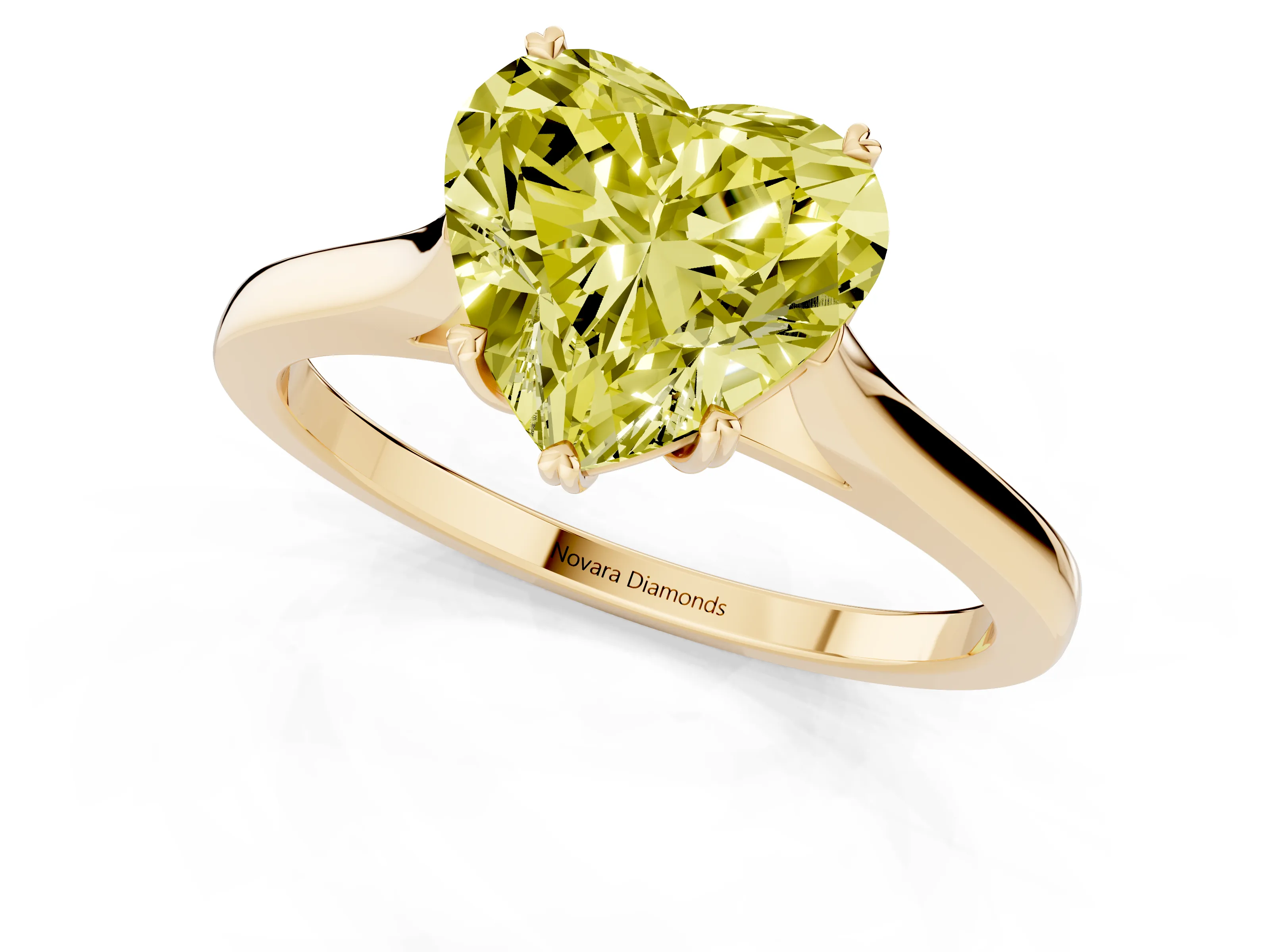 Fancy Yellow Heart Cut Diamond Solitaire Heart Prong Engagement Ring Set in Yellow gold with Tapered Band