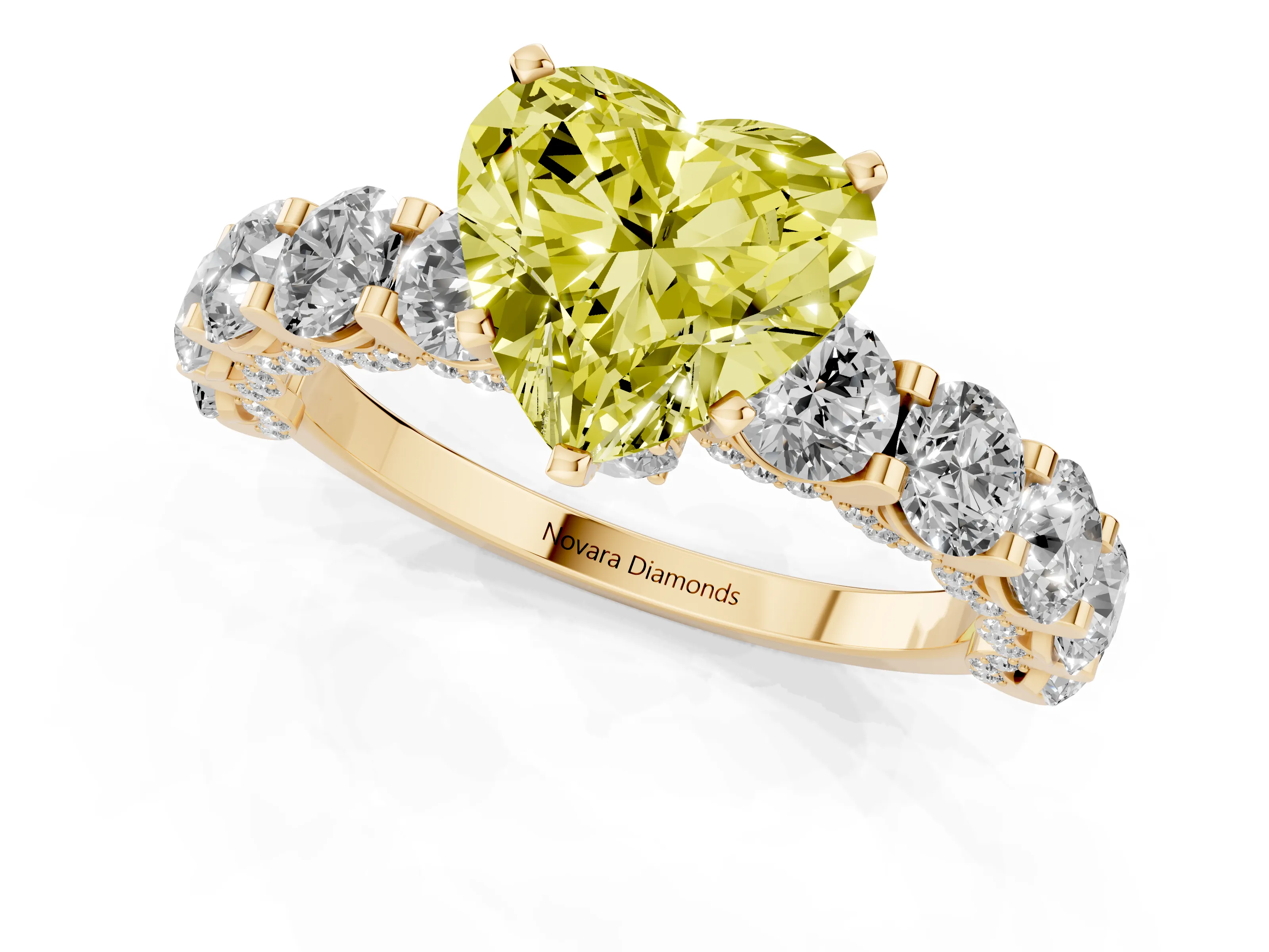Fancy Yellow Heart Cut Diamond Side Stone Ring Set in Yellow gold with Alternating Round and Oval Side Stones – second view