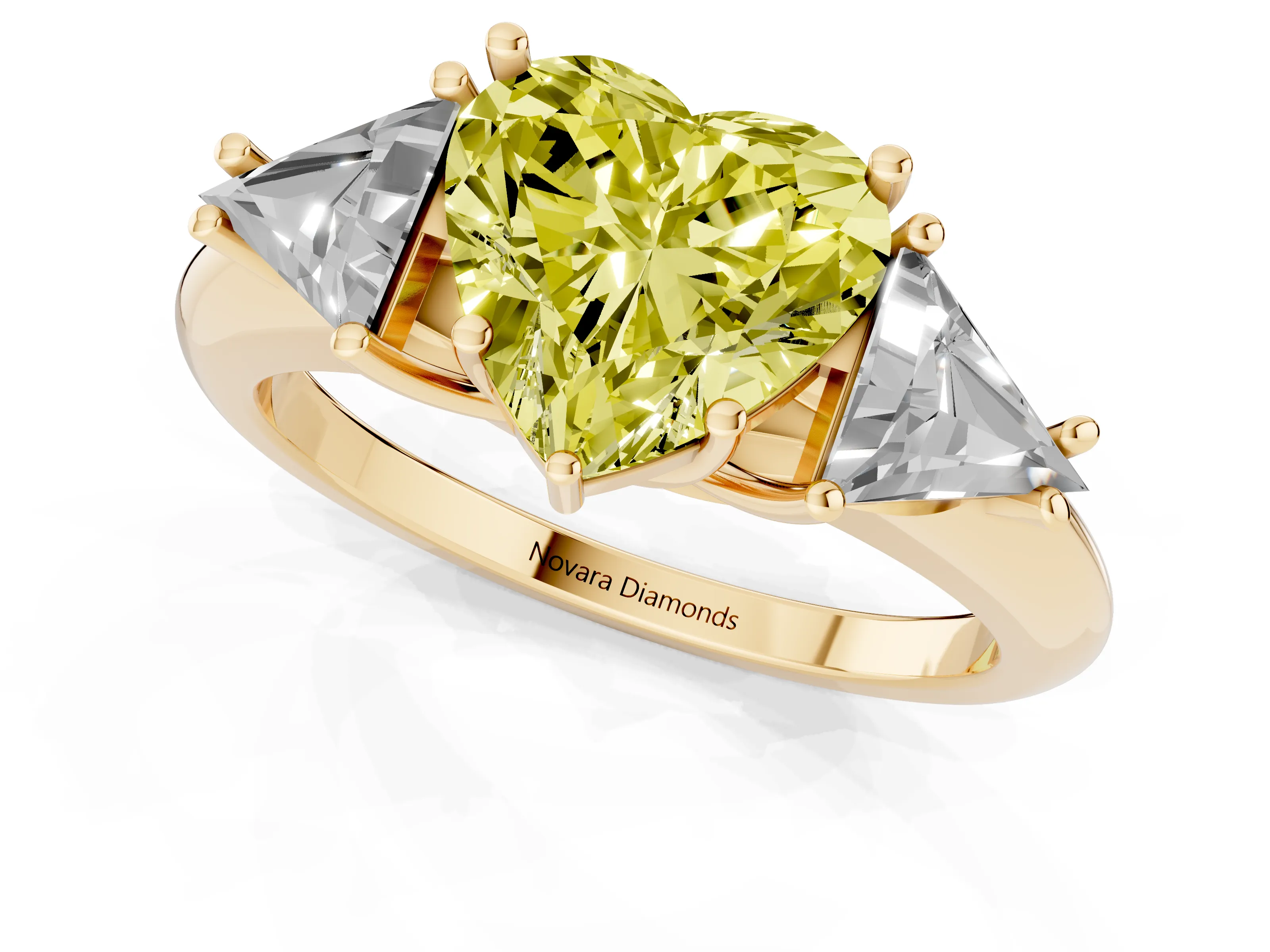 Fancy Yellow Heart Cut Diamond Three-Stone Engagement Ring Set in Yellow gold with Trillion Side Stones