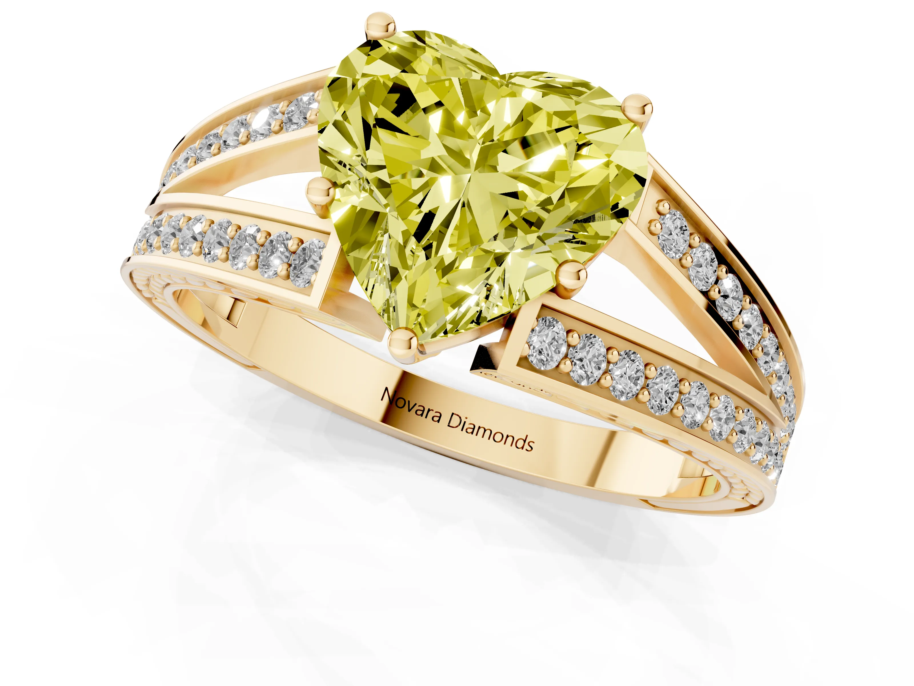 Fancy Yellow Heart Cut Diamond Split Shank Ring Set in Yellow gold with Pavé Band and Prong Setting