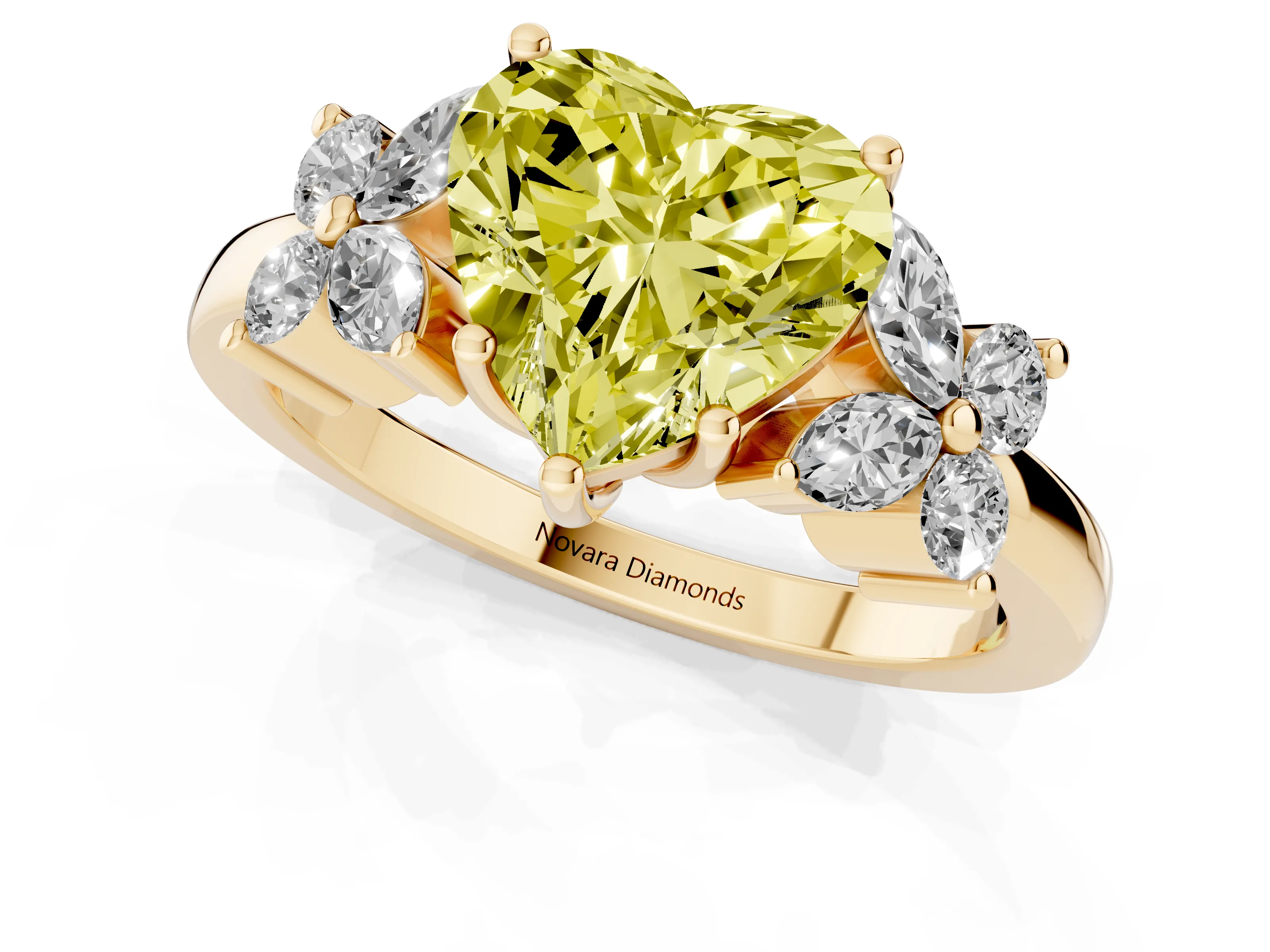 Fancy Yellow Heart Cut Diamond Floral Cluster Ring Set in Yellow gold with Marquise Petals and Prong Setting
