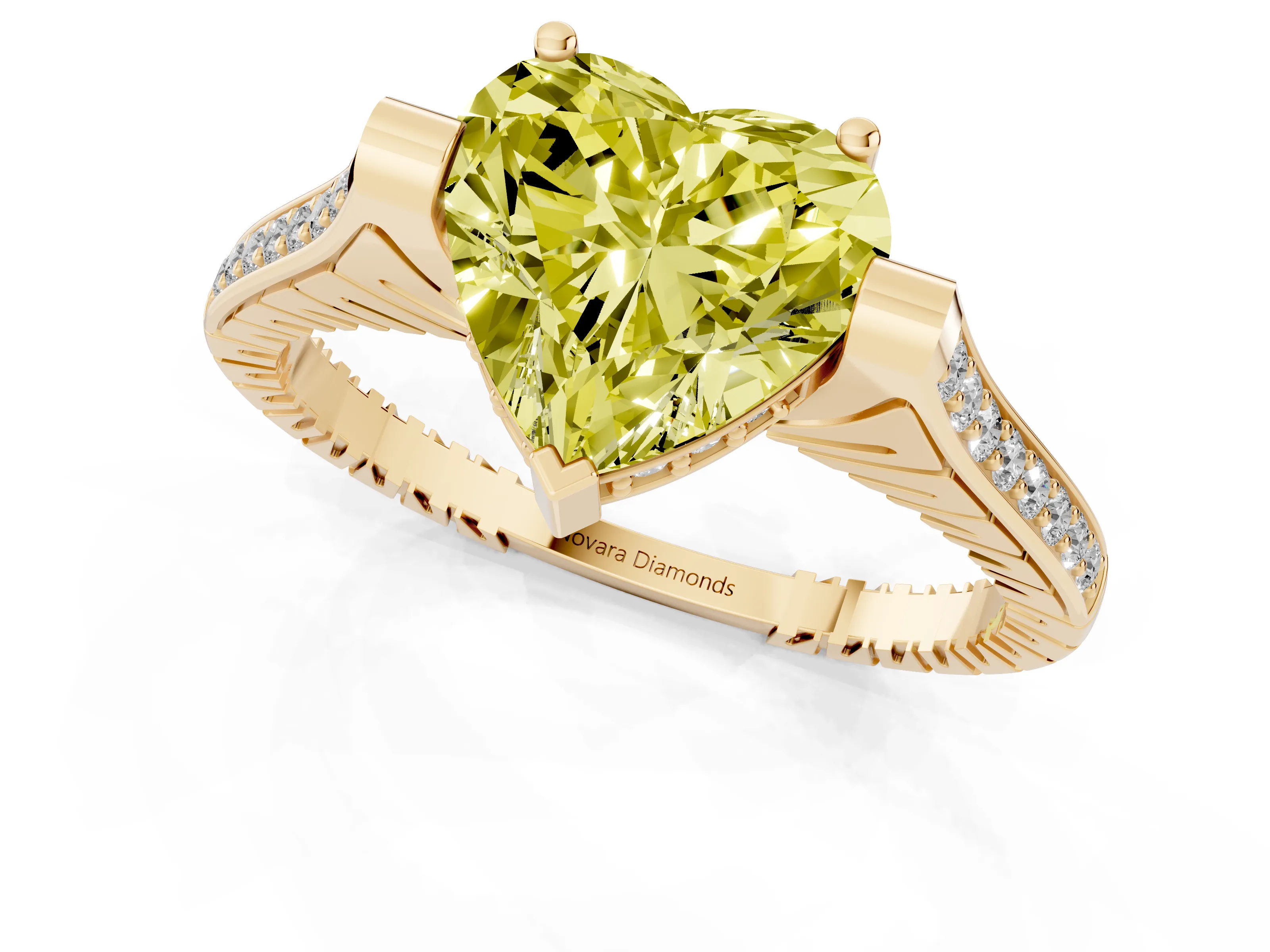 Fancy Yellow Heart Cut Diamond Solitaire Ring Set in Yellow gold with Channel Set Band and Bezel Prong Setting