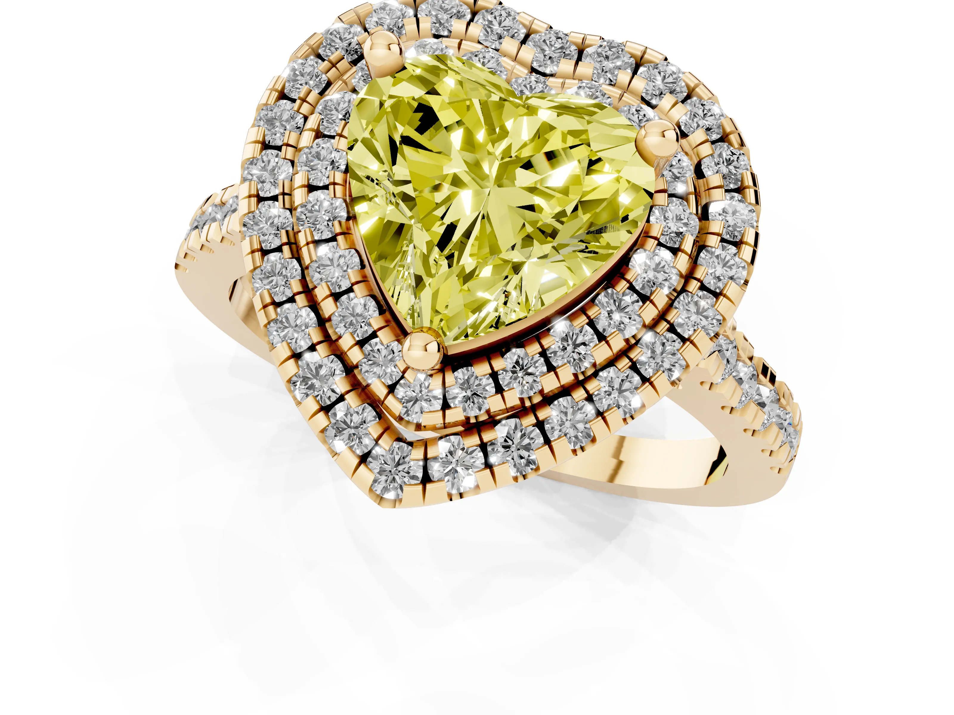 Fancy Yellow Heart Cut Diamond Double Halo Statement Ring Set in Yellow gold with Pavé Band