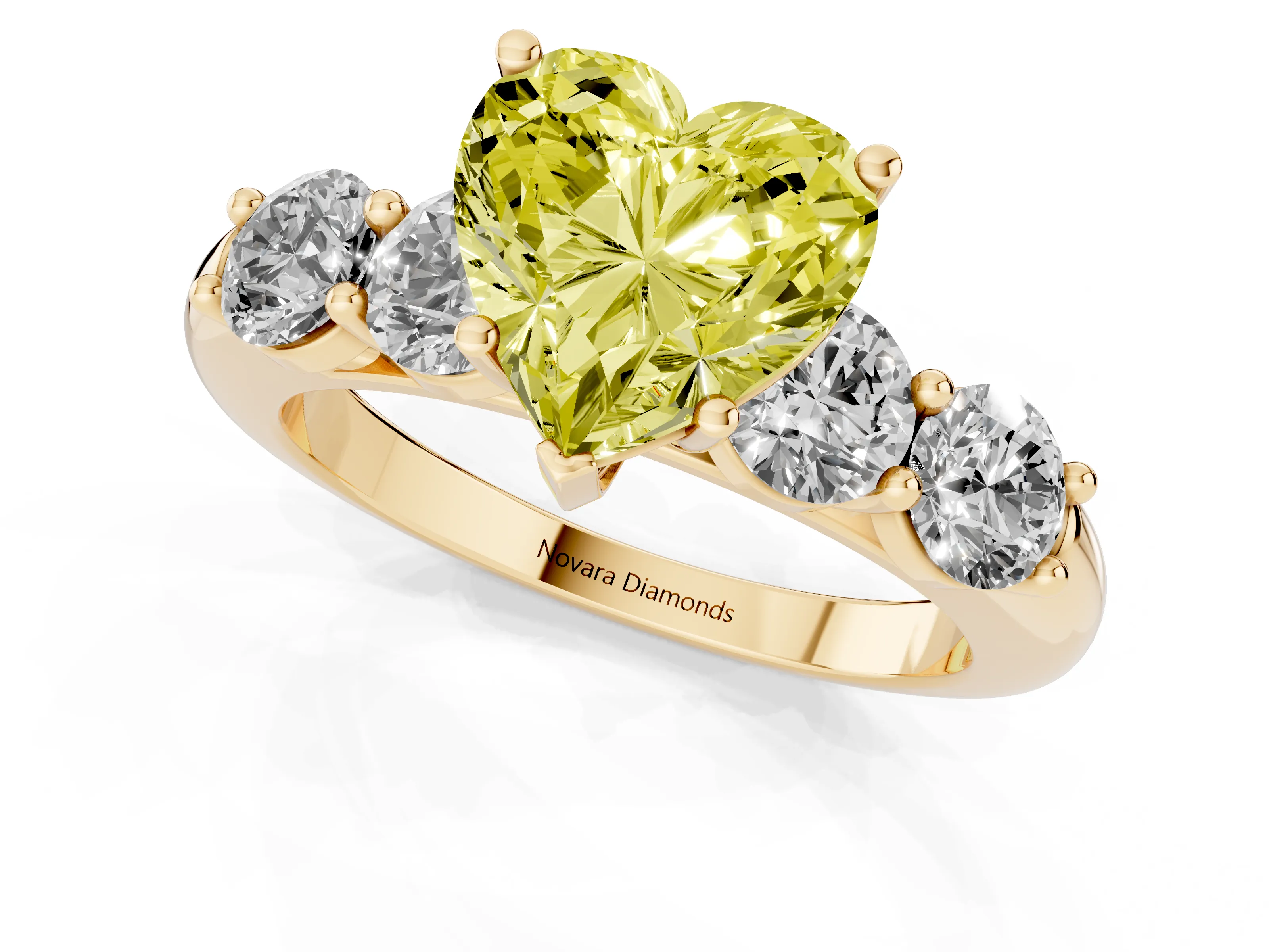 Fancy Yellow Heart Cut Diamond Five-Stone Prong Set Ring Set in Yellow gold with Classic Band