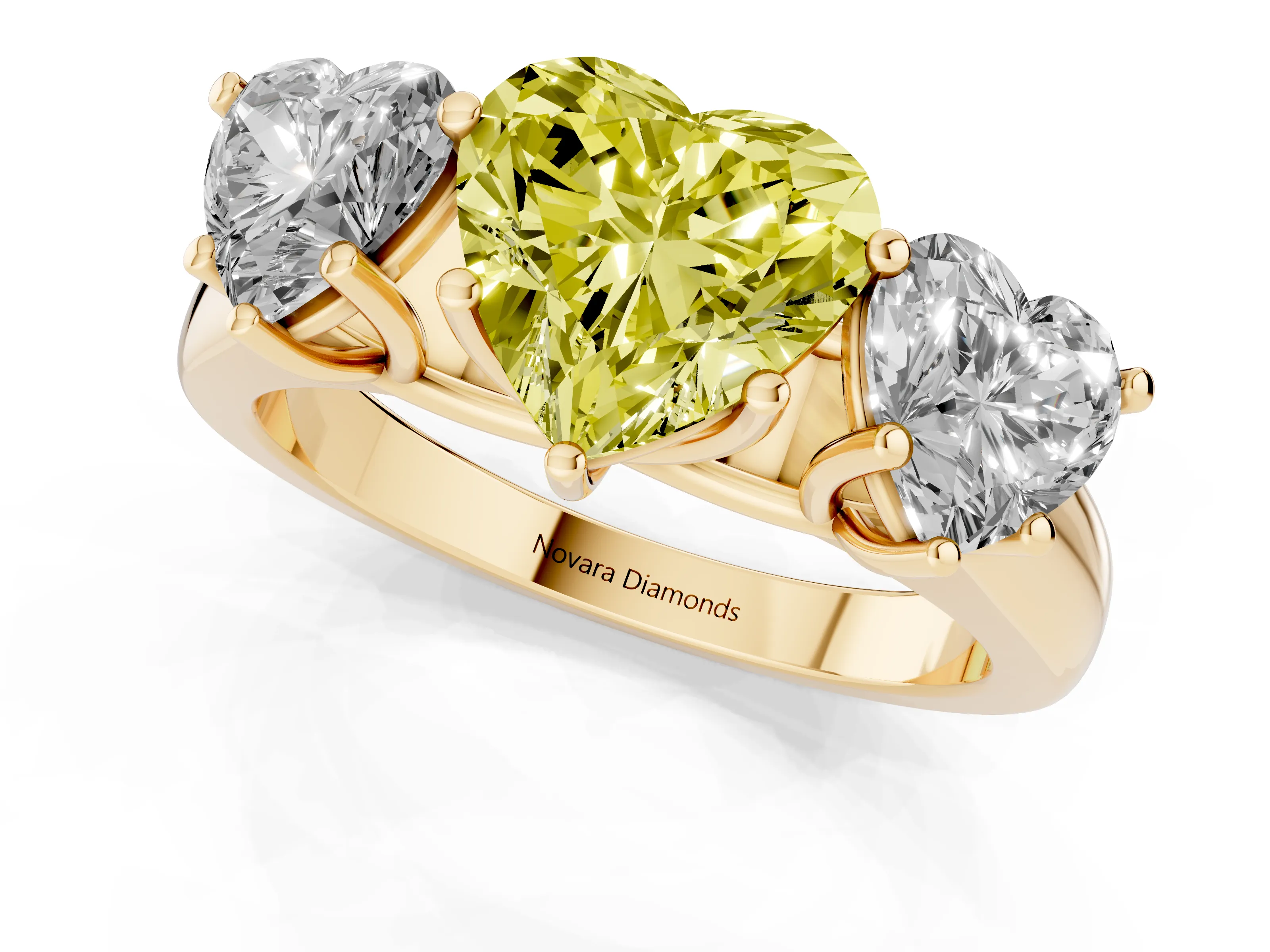 Fancy Yellow Heart Cut Diamond Three-Stone Ring Set in Yellow gold with Plain Polished Band