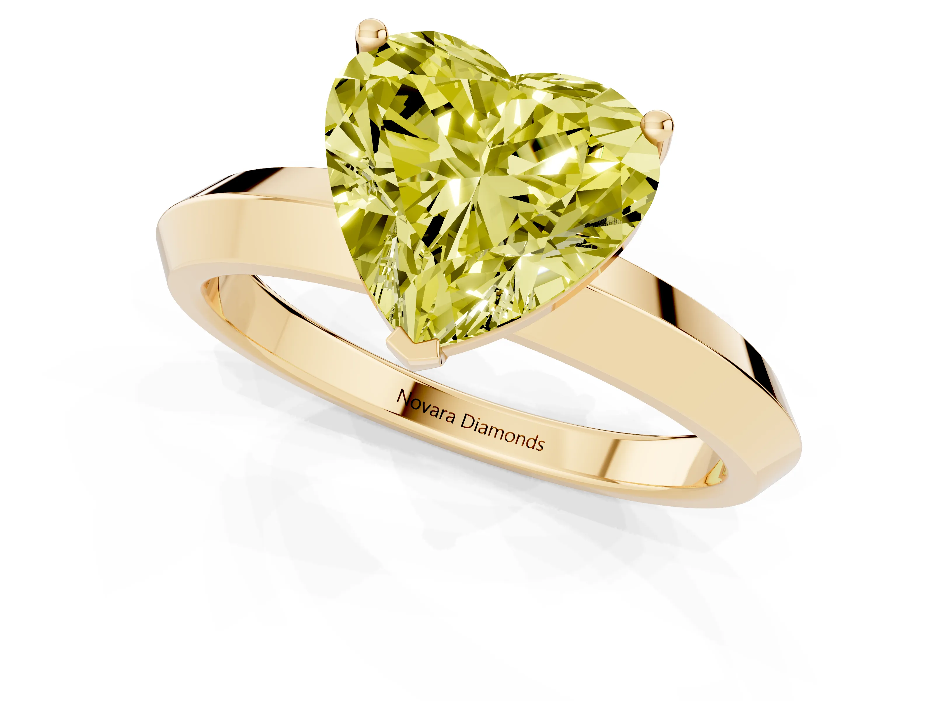 Fancy Yellow Heart Cut Diamond Solitaire Engagement Ring Set in Yellow gold with Flat Band and Prong Setting