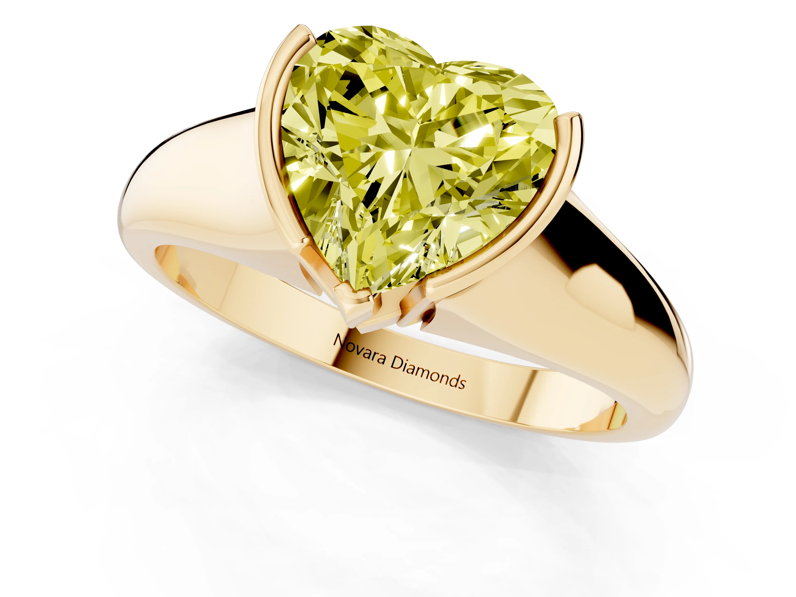 Fancy Yellow Heart Cut Diamond Solitaire Tension Set Ring Set in Yellow gold with Split Shank Band