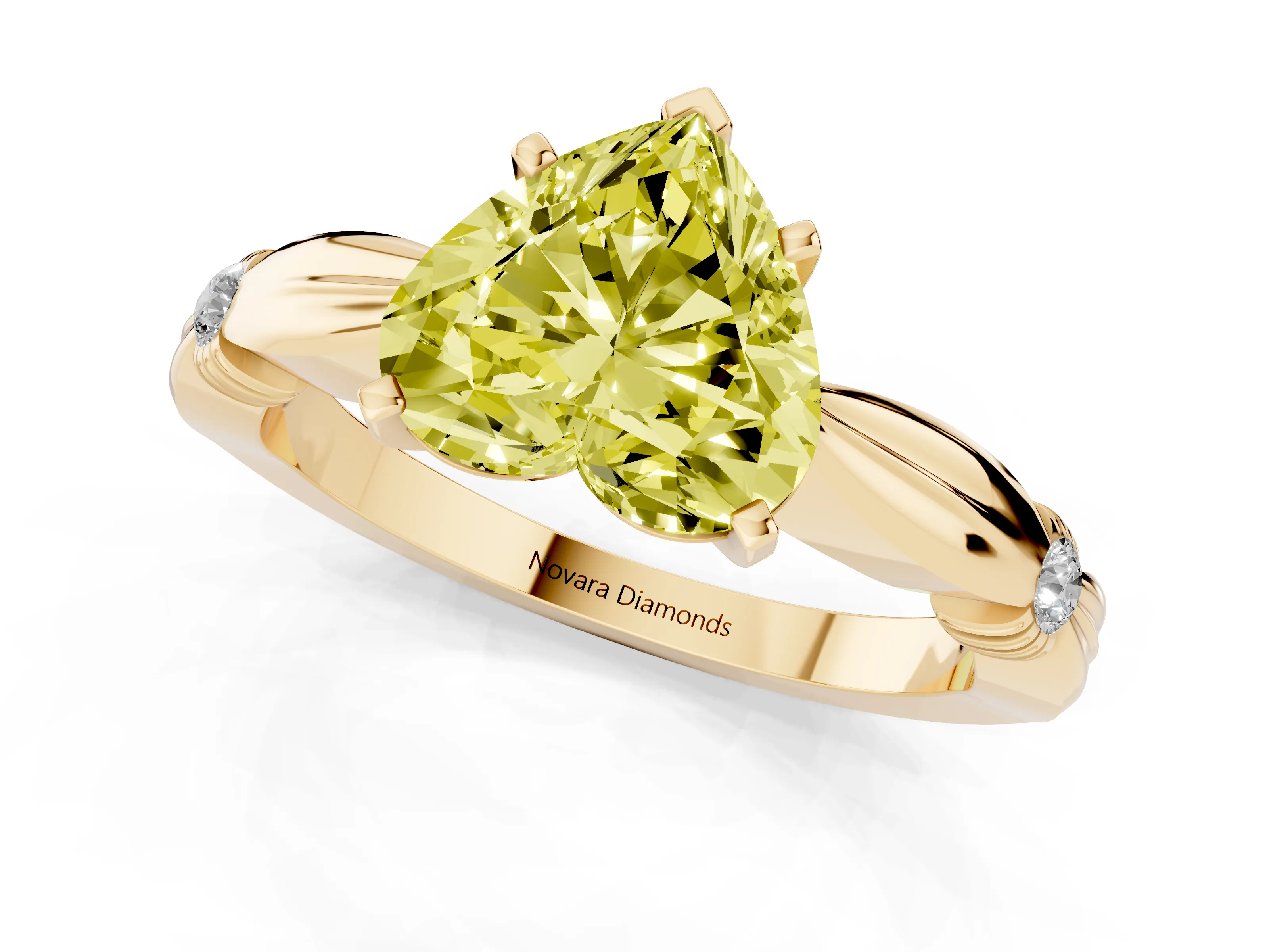 Fancy Yellow Heart Cut Diamond Solitaire Twisted Band Ring Set in Yellow gold with Accent Stones and Prong Setting