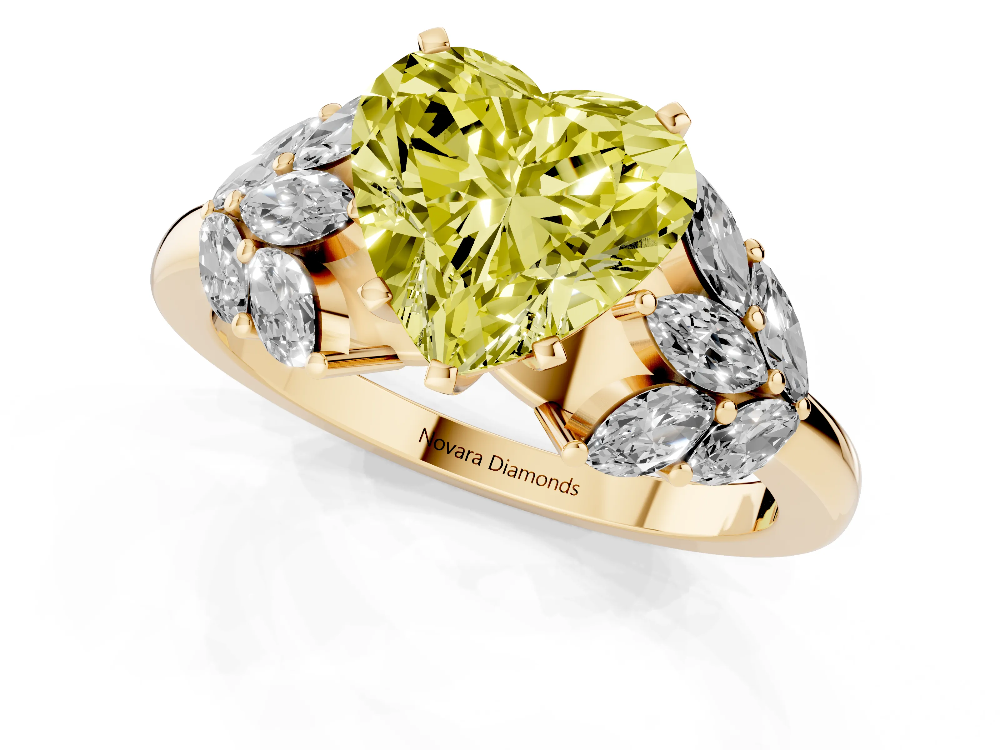 Fancy Yellow Heart Cut Diamond Cluster Leaf Design Ring Set in Yellow gold with Prong Setting