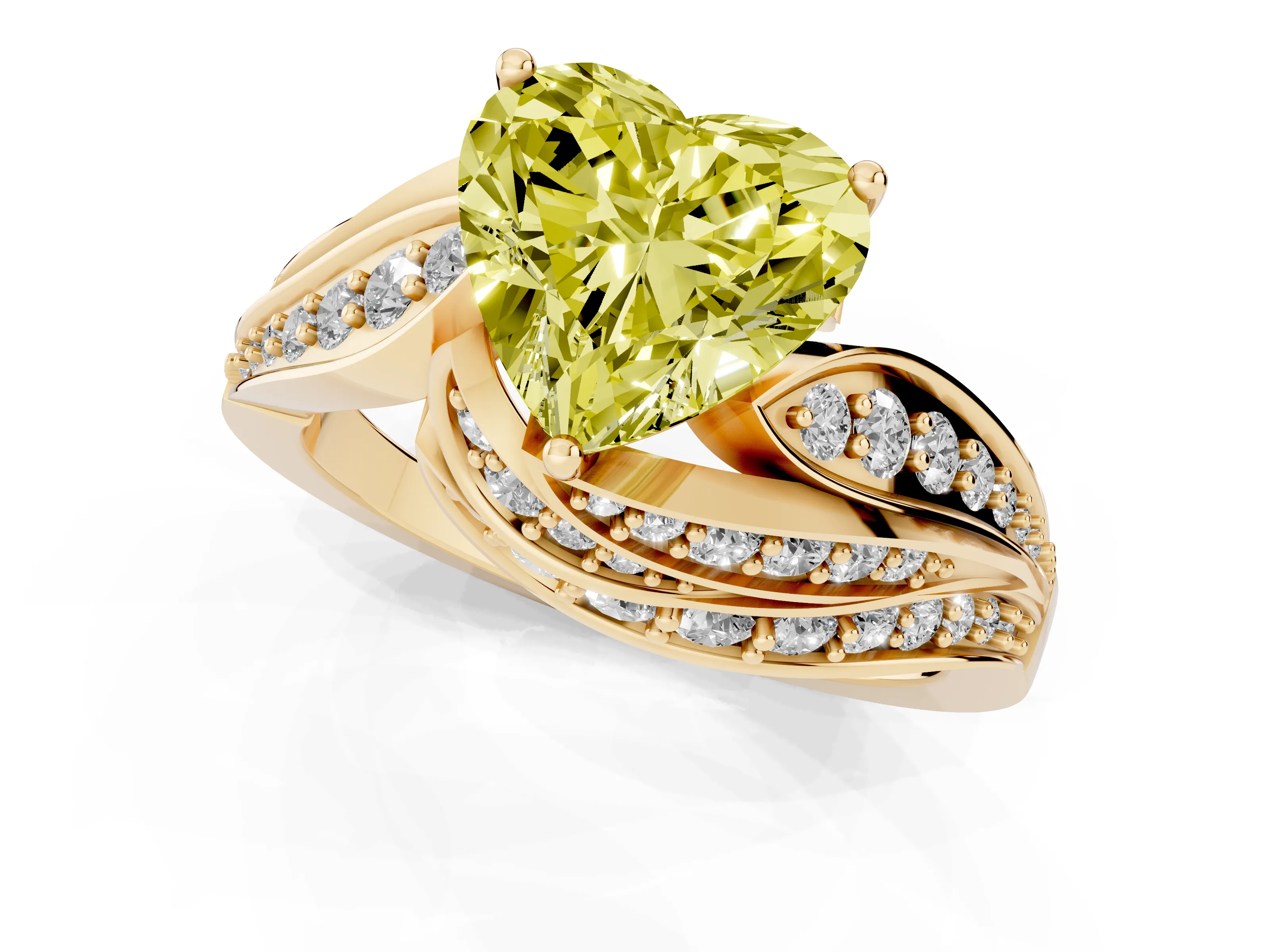 Fancy Yellow Heart Cut Diamond Solitaire Ring Set in Yellow gold with Layered Twist Pavé Band