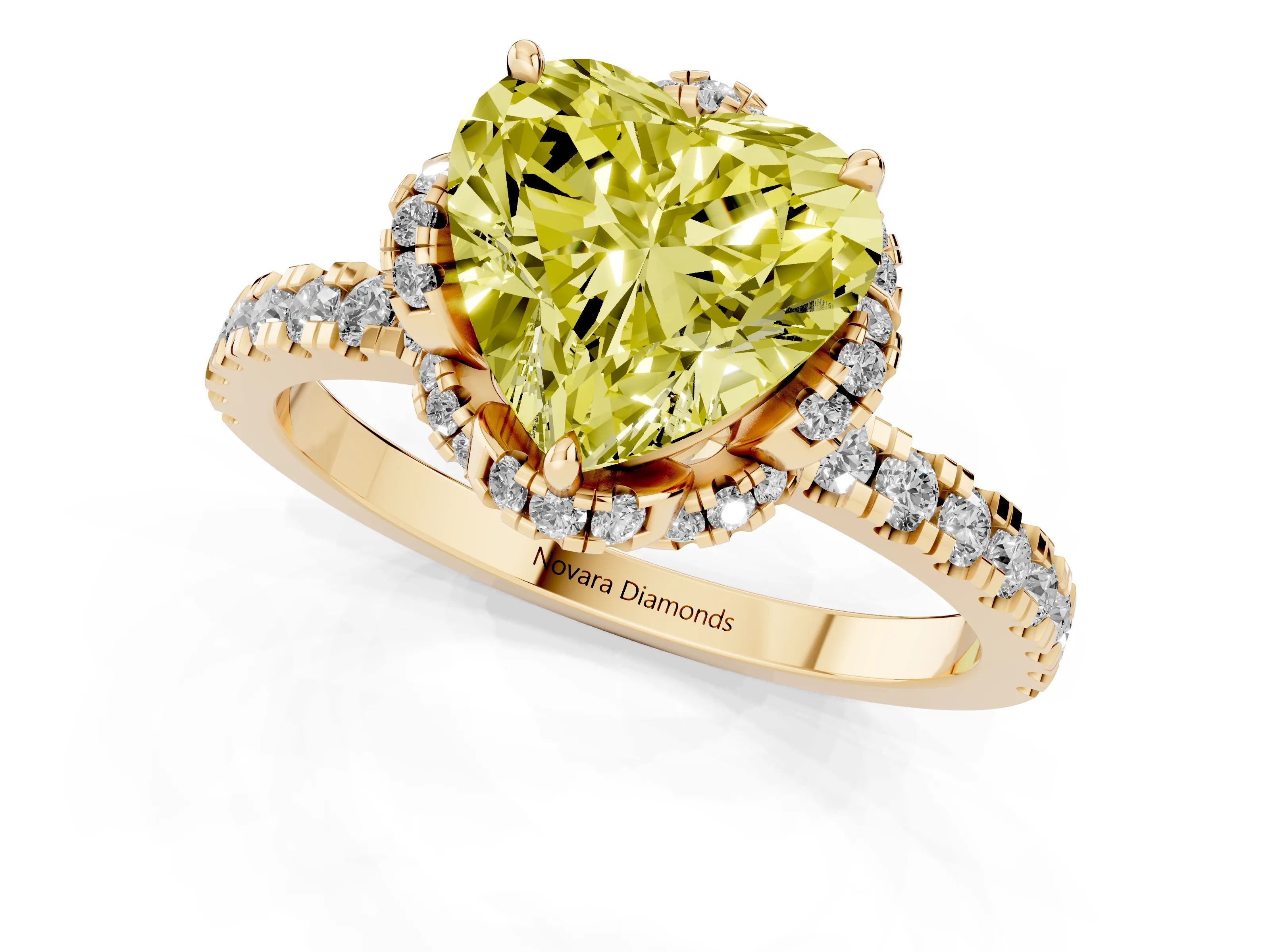 Fancy Yellow Heart Cut Diamond Halo Pavé Band Ring Set in Yellow gold with Prong-Held Center