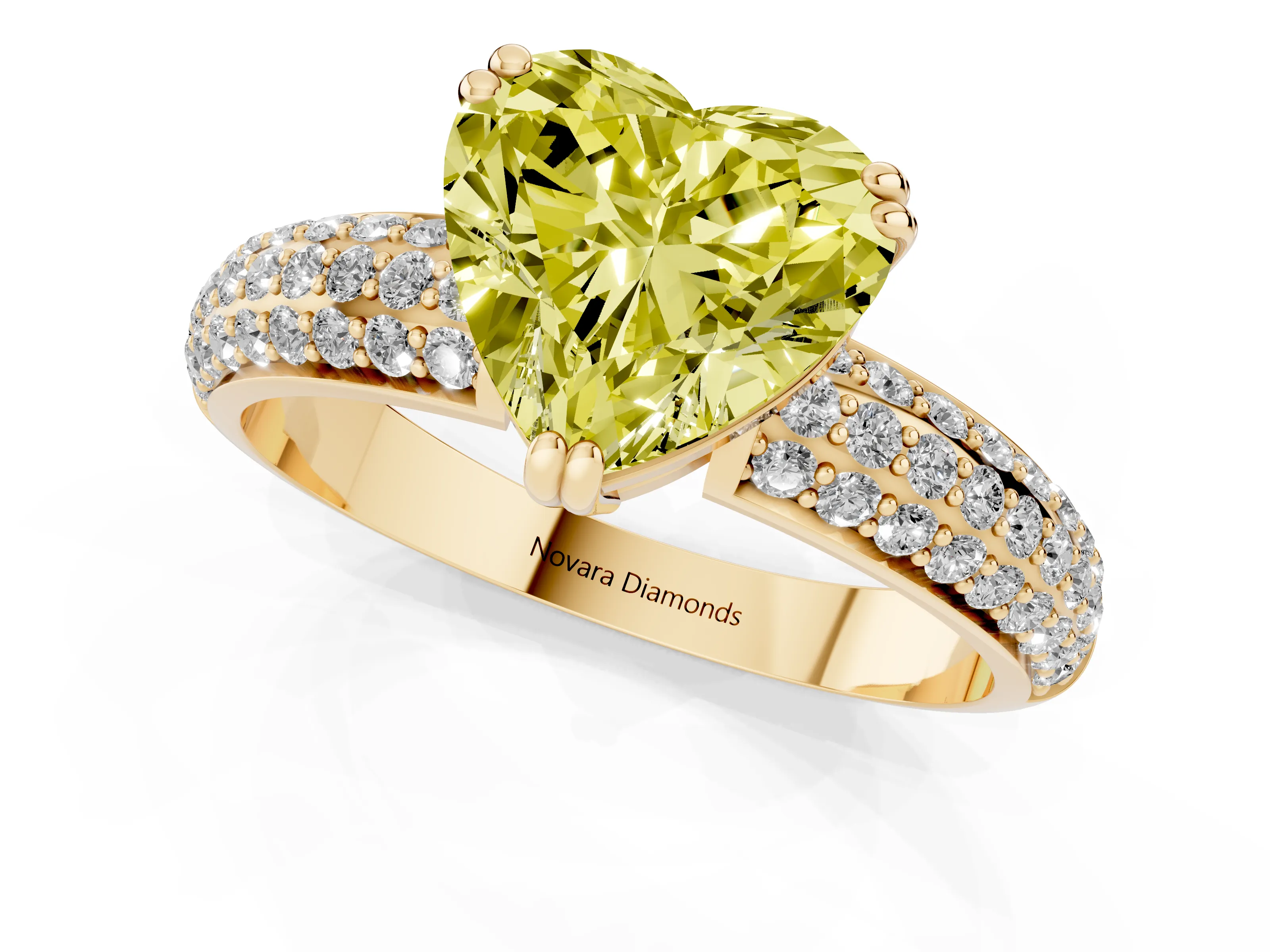 Fancy Yellow Heart Cut Diamond Solitaire Ring Set in Yellow gold with Multi-Row Round Pavé Band and Prong Setting