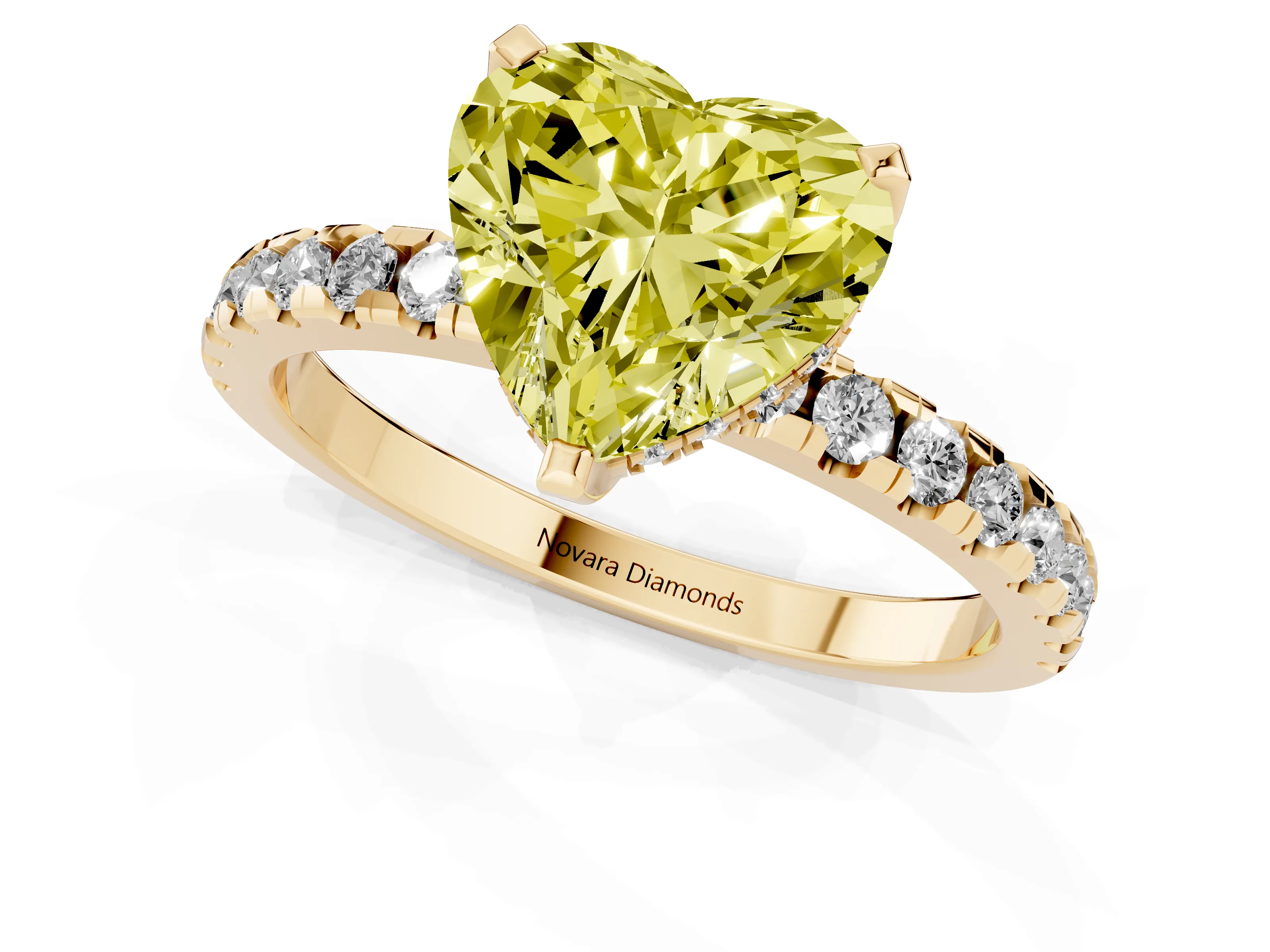 Fancy Yellow Heart Cut Diamond Pavé Solitaire Ring Set in Yellow gold with Round Band Accents and Prong Setting