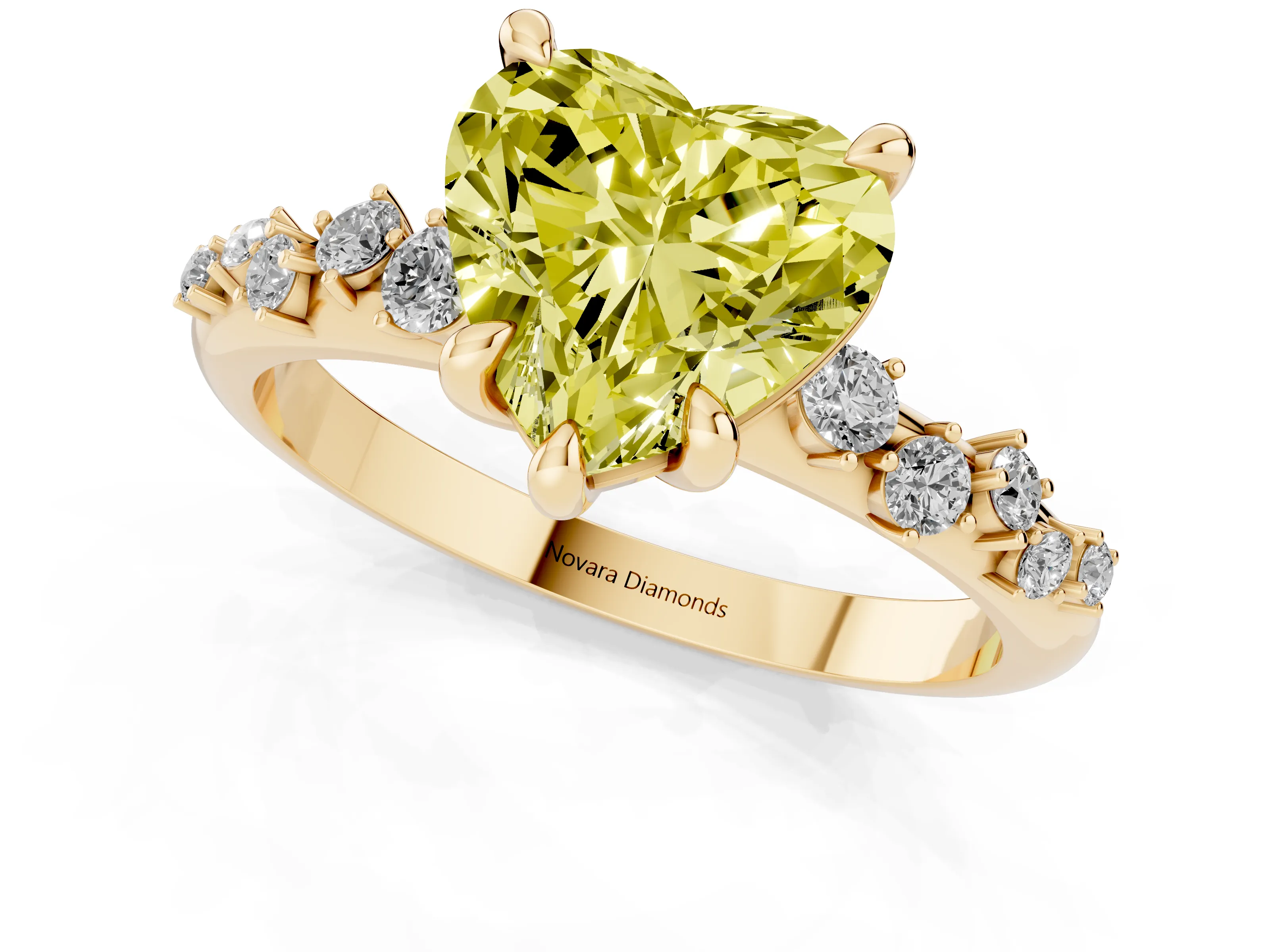 Fancy Yellow Heart Cut Diamond Solitaire Vine Band Ring Set in Yellow gold with Round Accents and Prong Setting – second view